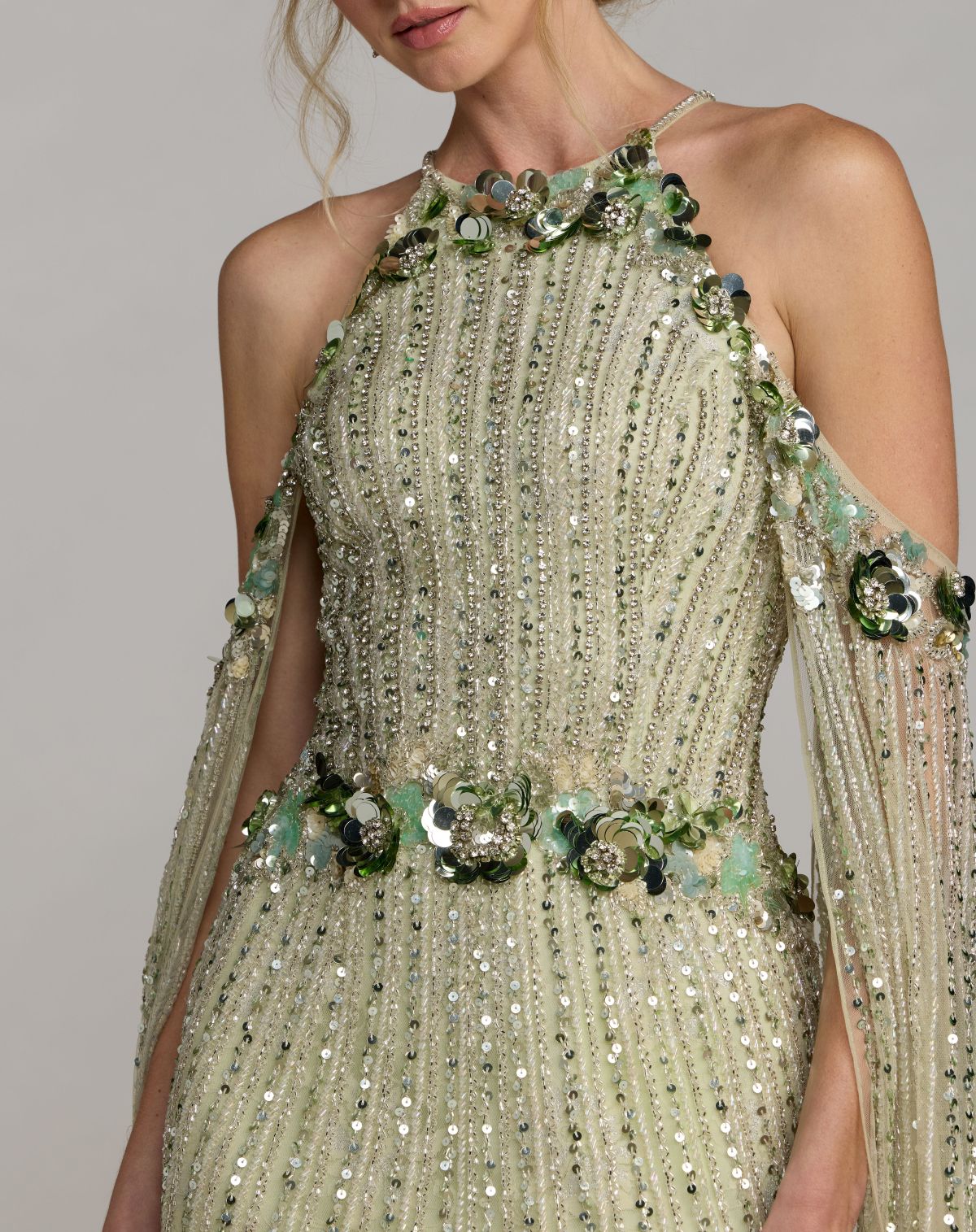 Green Embellished Column Gown With Cape Sleeves - Mac Duggal