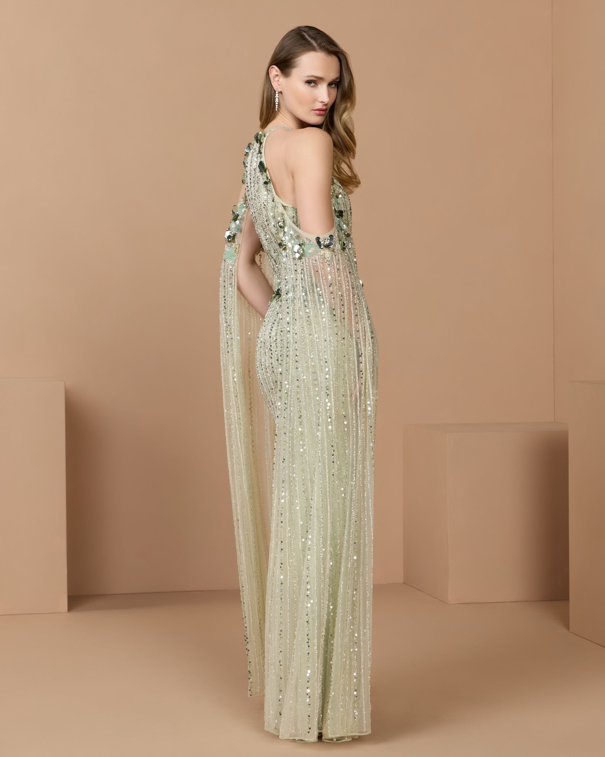 Green Embellished Column Gown With Cape Sleeves - Mac Duggal