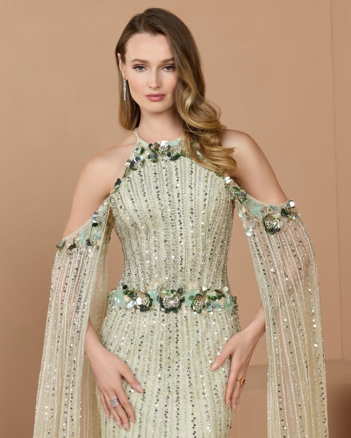 Green Embellished Column Gown With Cape Sleeves