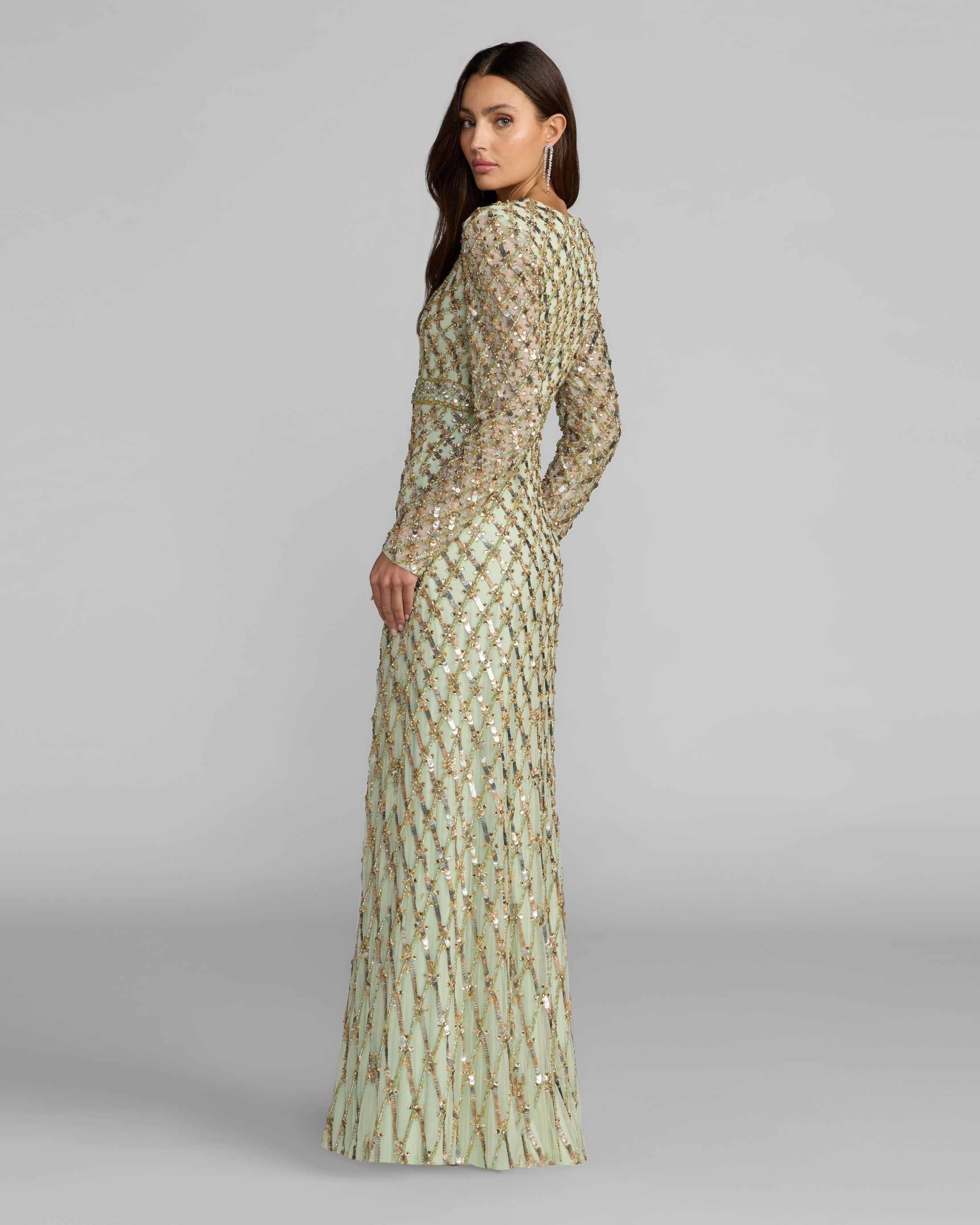 Green Long Sleeve High Neck Embellished Gown  - Mac Duggal