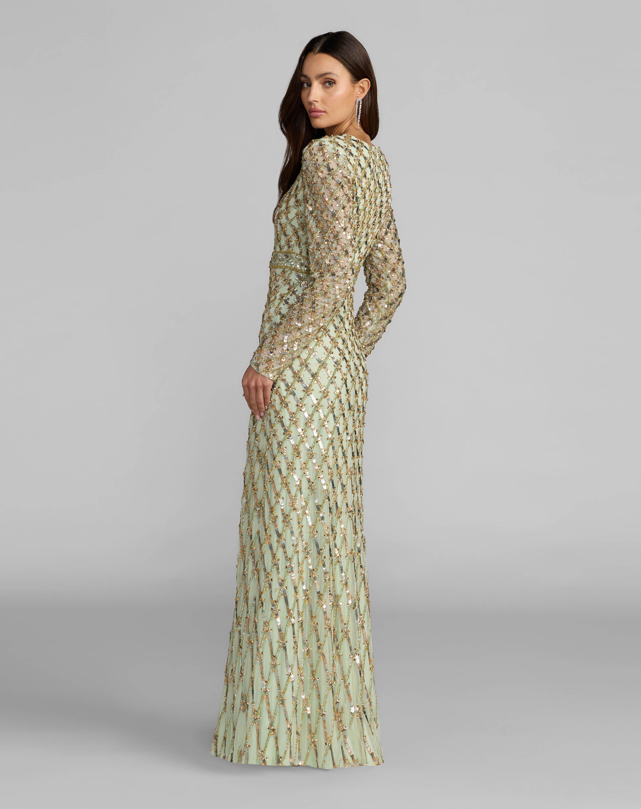 Green Long Sleeve High Neck Embellished Gown  - Mac Duggal