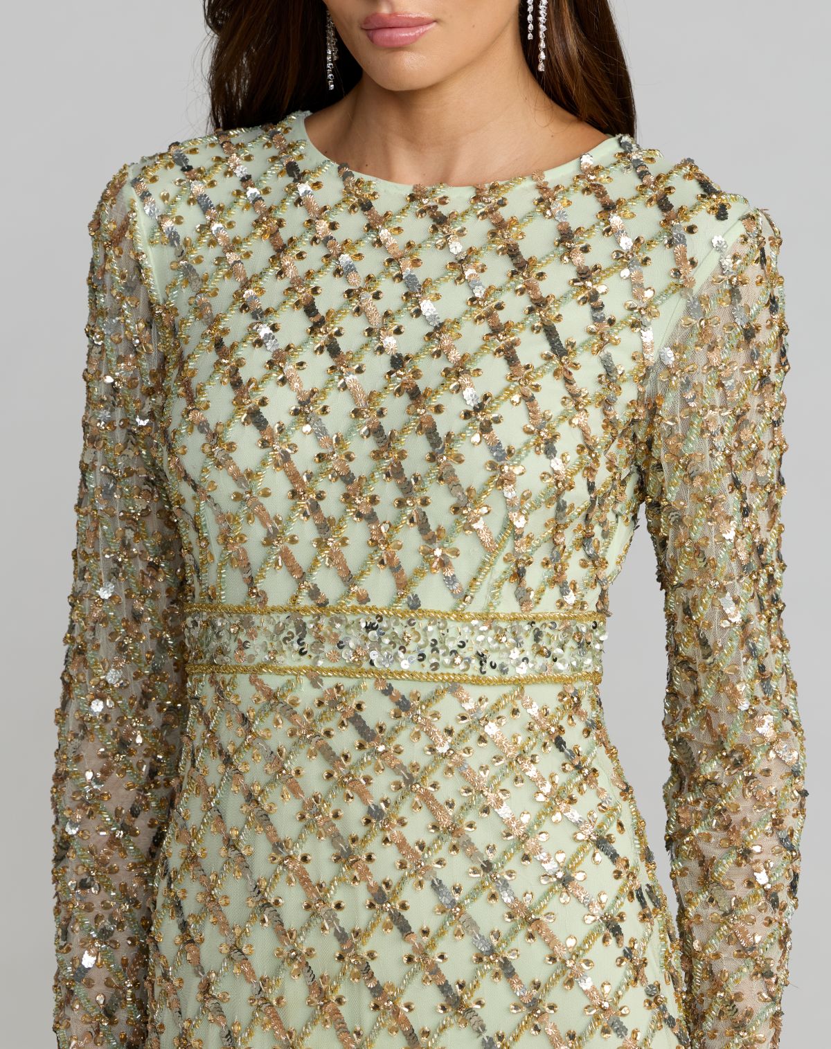 Green Long Sleeve High Neck Embellished Gown  - Mac Duggal