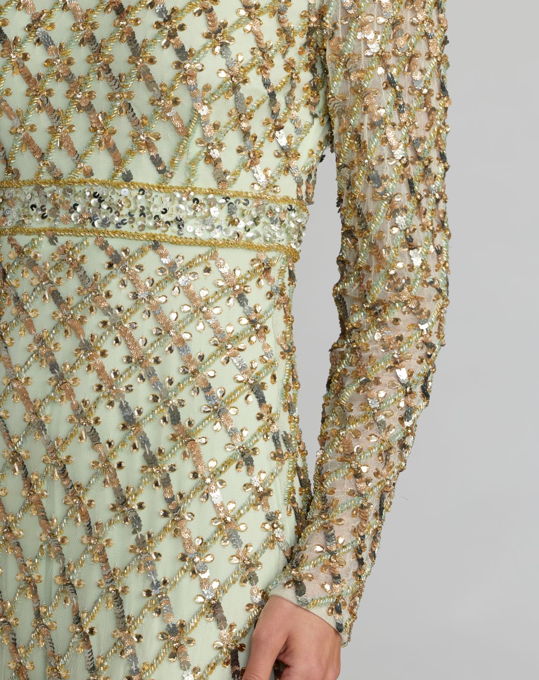 Green Long Sleeve High Neck Embellished Gown  - Mac Duggal