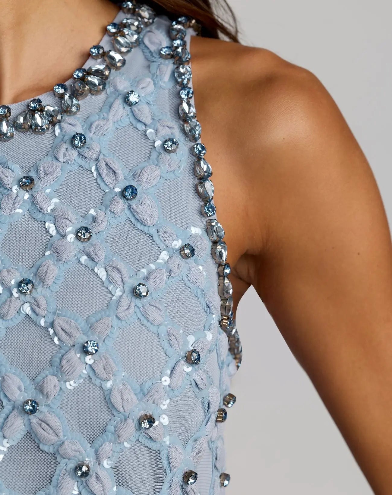 embellished cut out mini dress in powder blue Mac Duggal - Blue Rhinestone Embellished Sleeveless Mini Dress