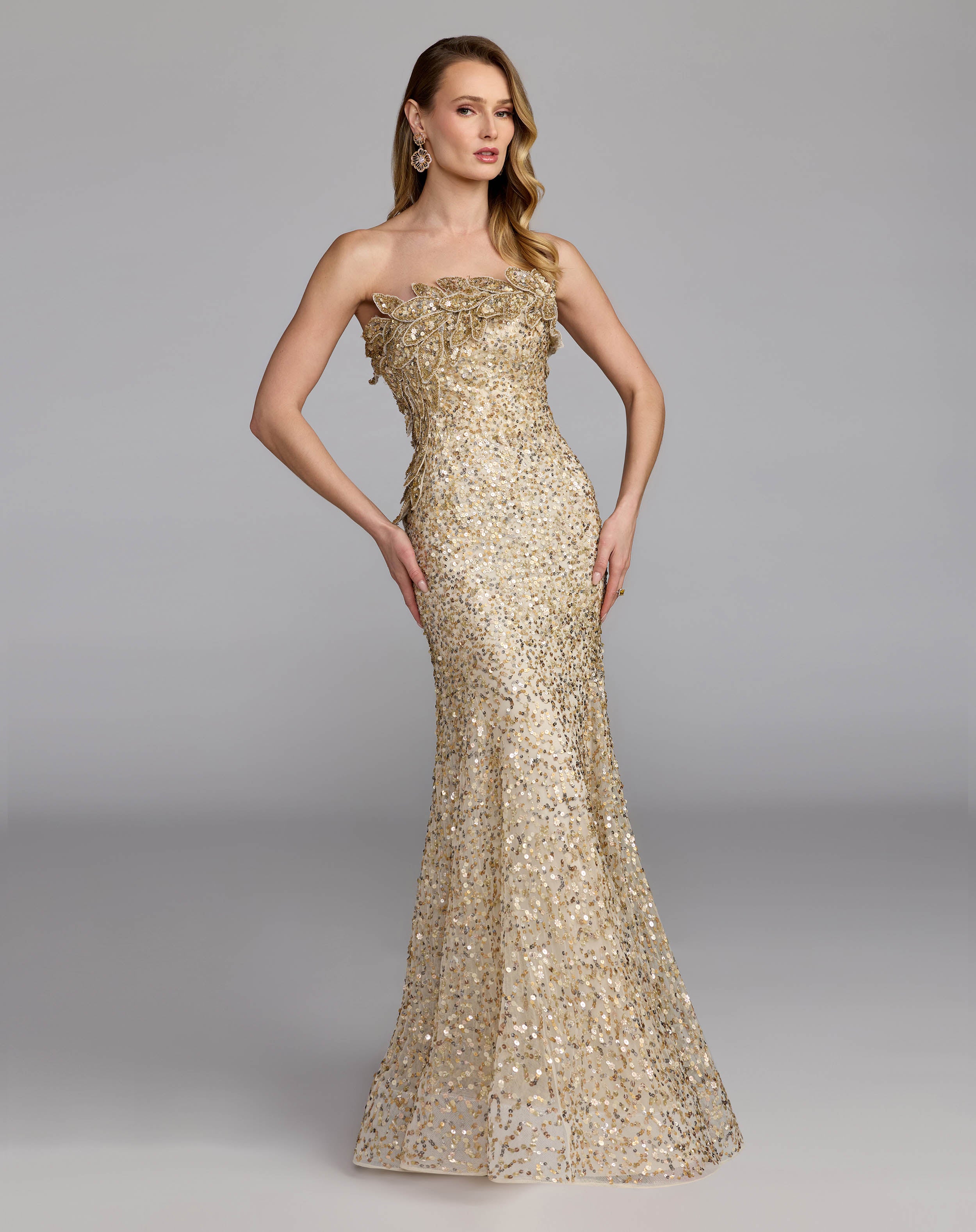 Gold Strapless Mermaid Gown With 3D Floral Appliqué Mac Duggal