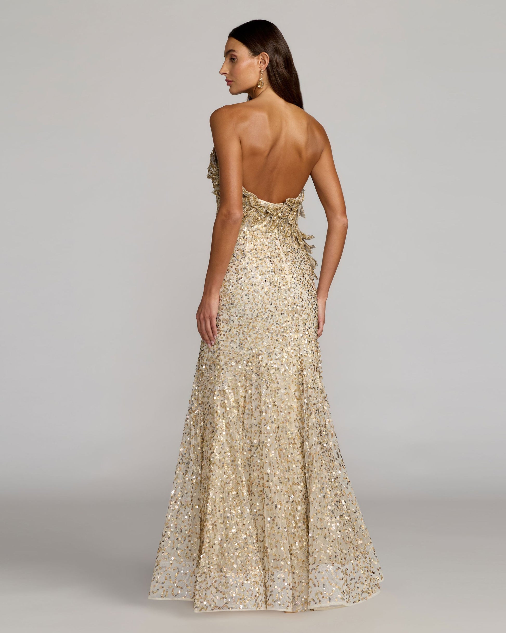 Gold Strapless Mermaid Gown With 3D Floral Appliqué