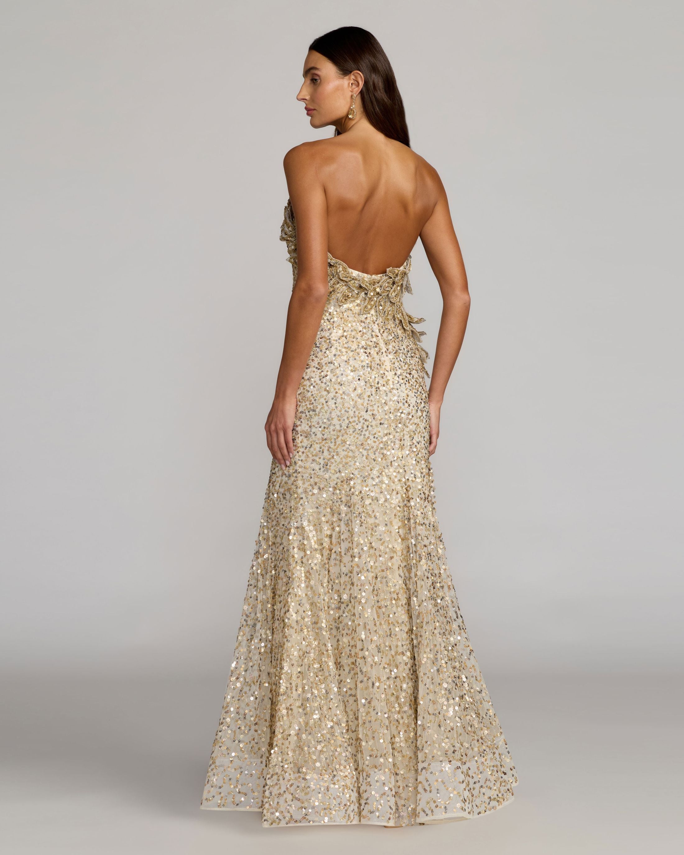 Gold Strapless Mermaid Gown With 3D Floral Appliqué Mac Duggal