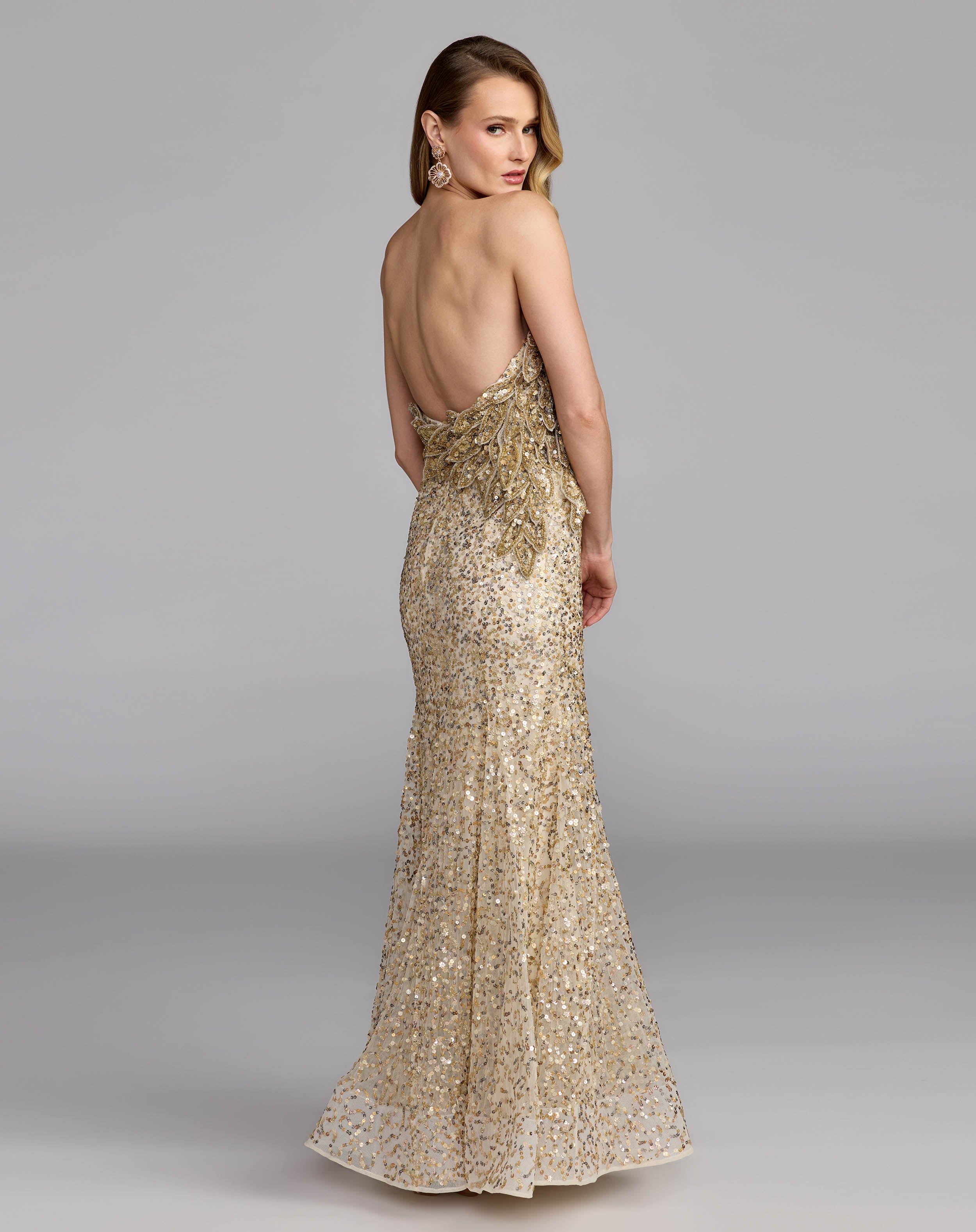 Gold Strapless Mermaid Gown With 3D Floral Appliqué Mac Duggal