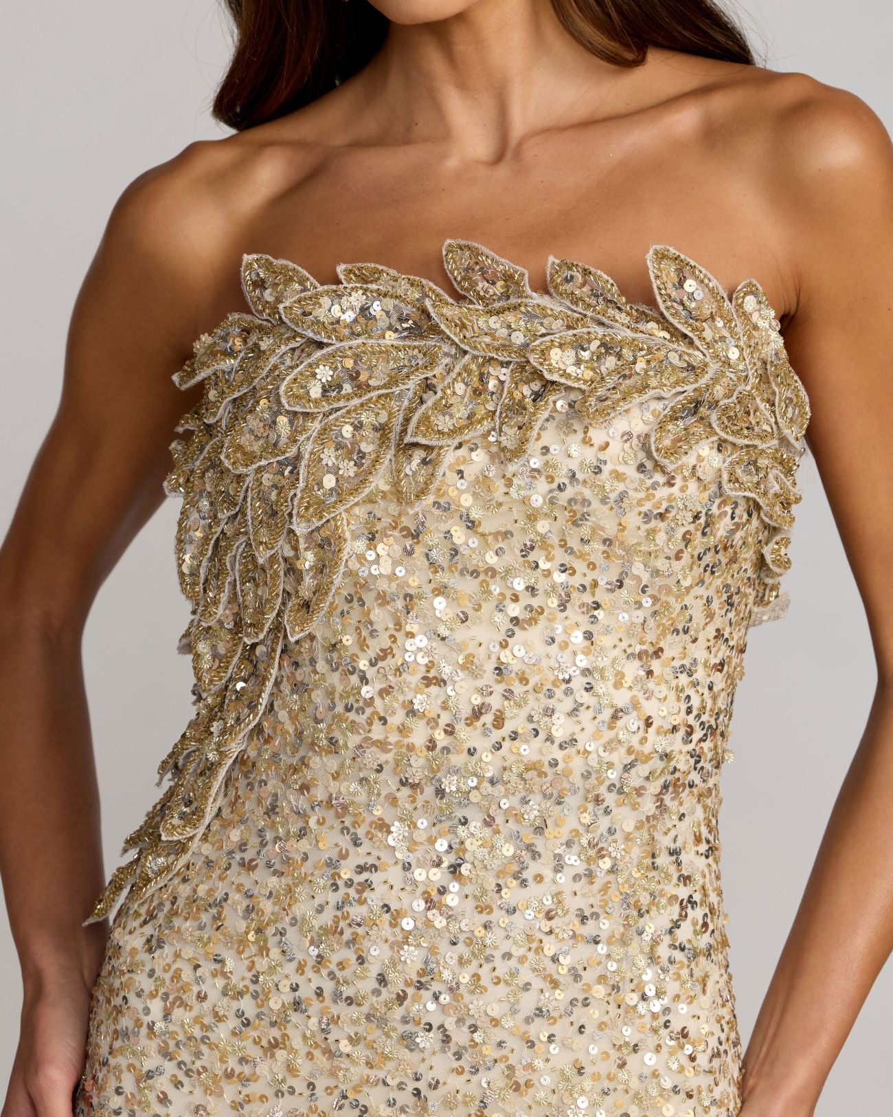 Gold Strapless Mermaid Gown With 3D Floral Appliqué Mac Duggal