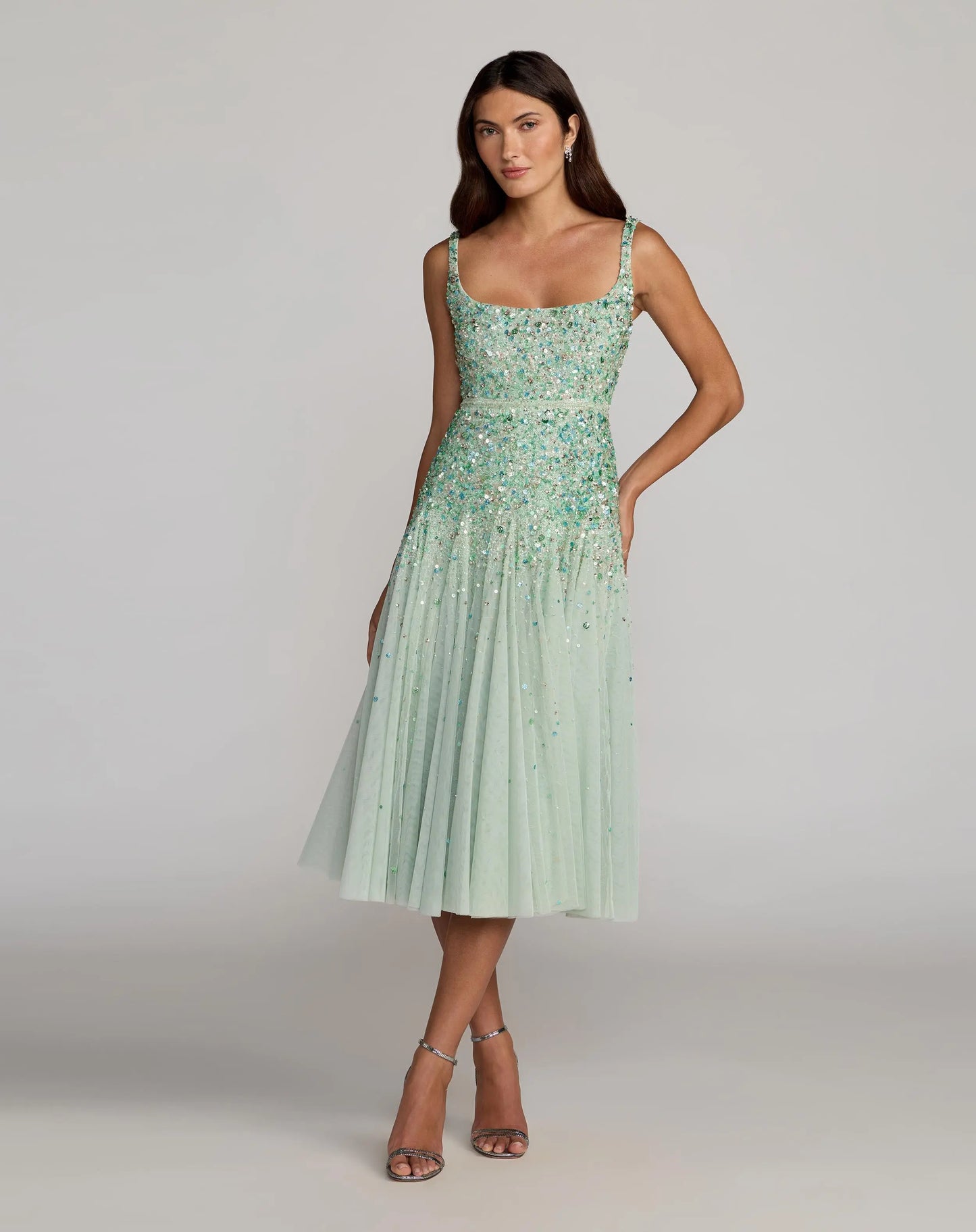 Green Beaded Sleeveless Scoop Neck Midi Dress Mac Duggal