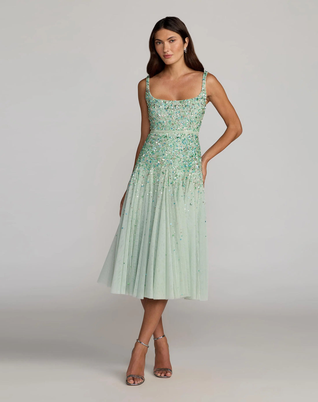 Green Beaded Sleeveless Scoop Neck Midi Dress | Mac Duggal Green Beaded Sleeveless Scoop Neck Midi Dress | Mac Duggal