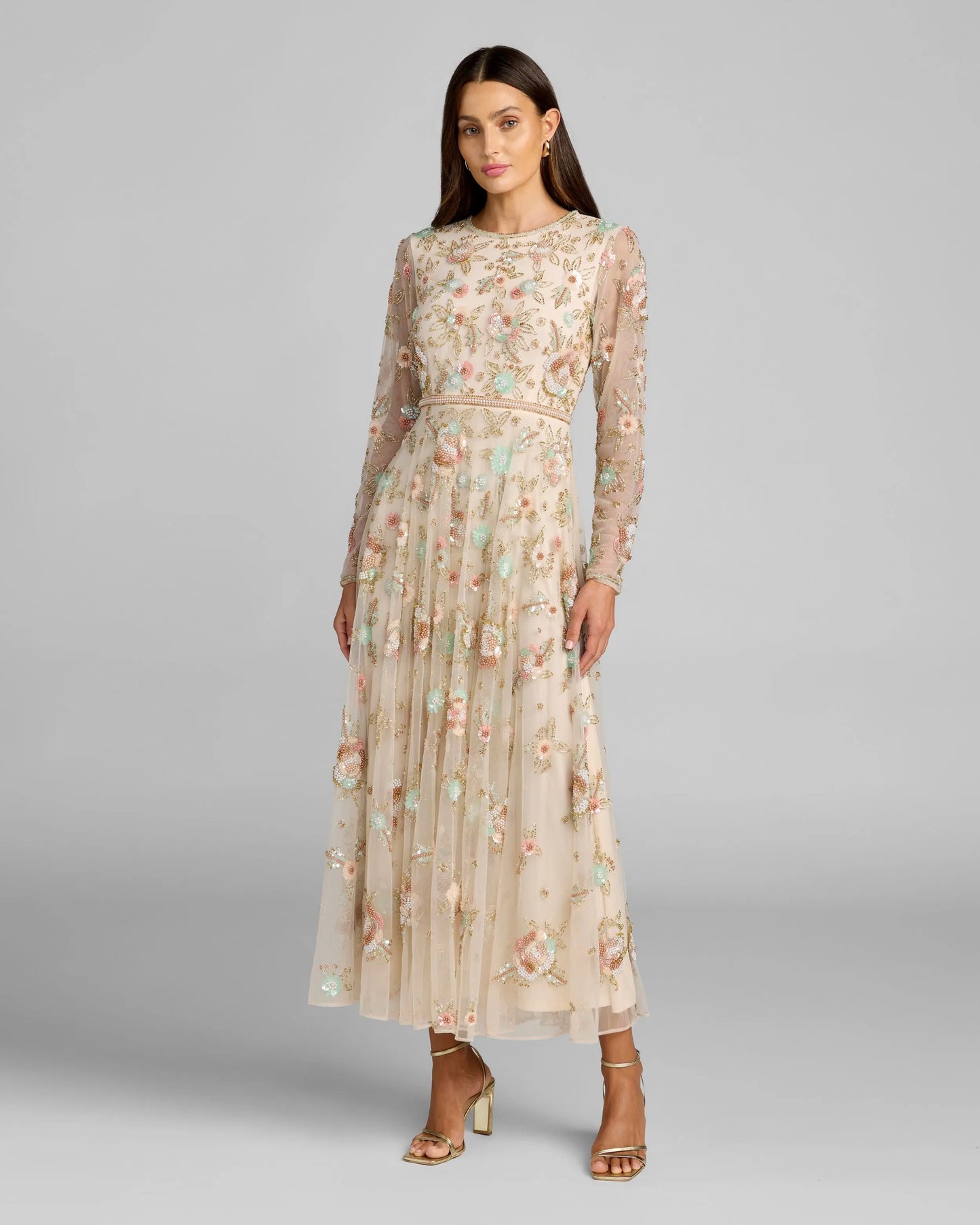 Beige Floral Embellished Long Sleeve Midi Dress Mac Duggal