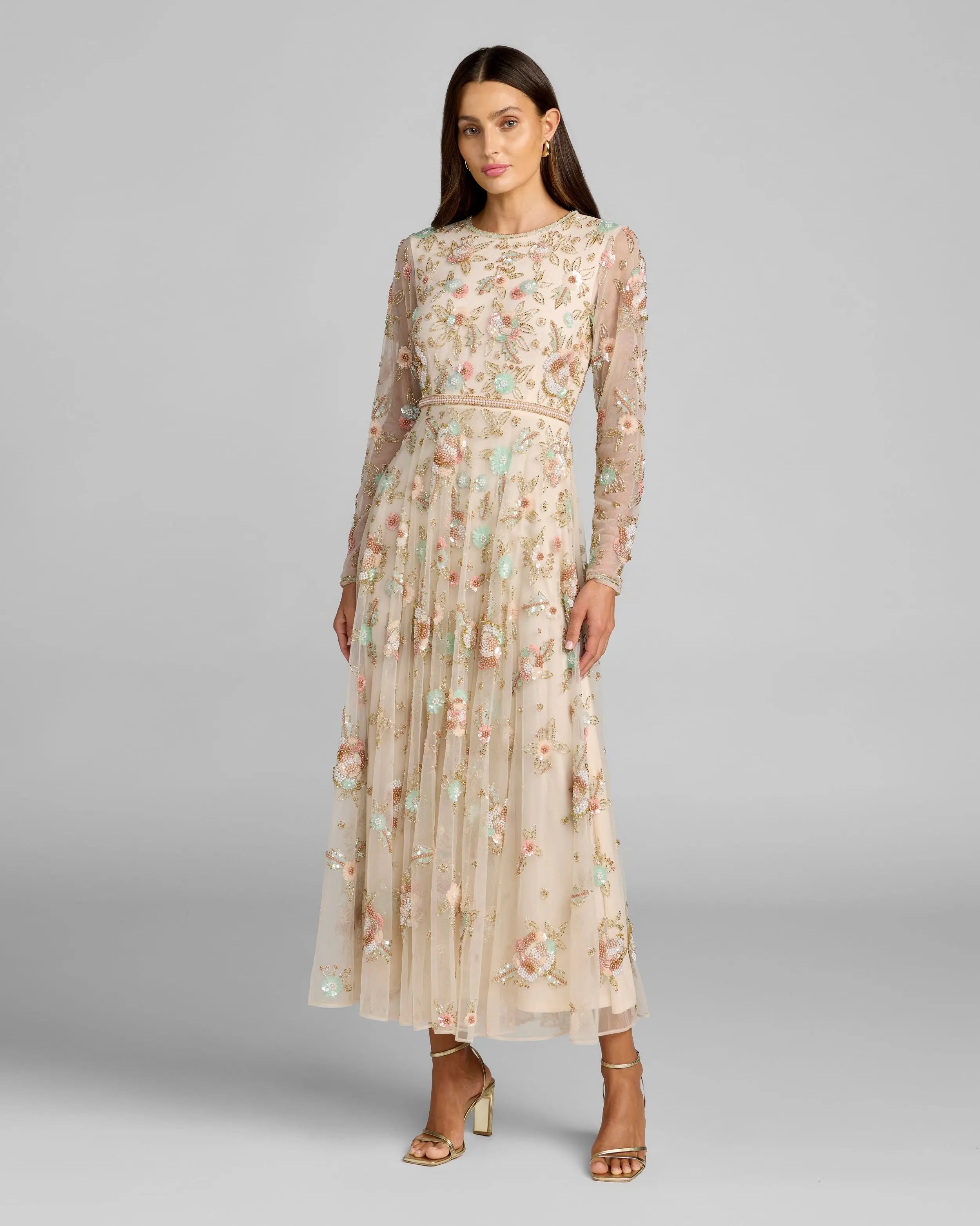 Beige Floral Embellished Long Sleeve Midi Dress Mac Duggal