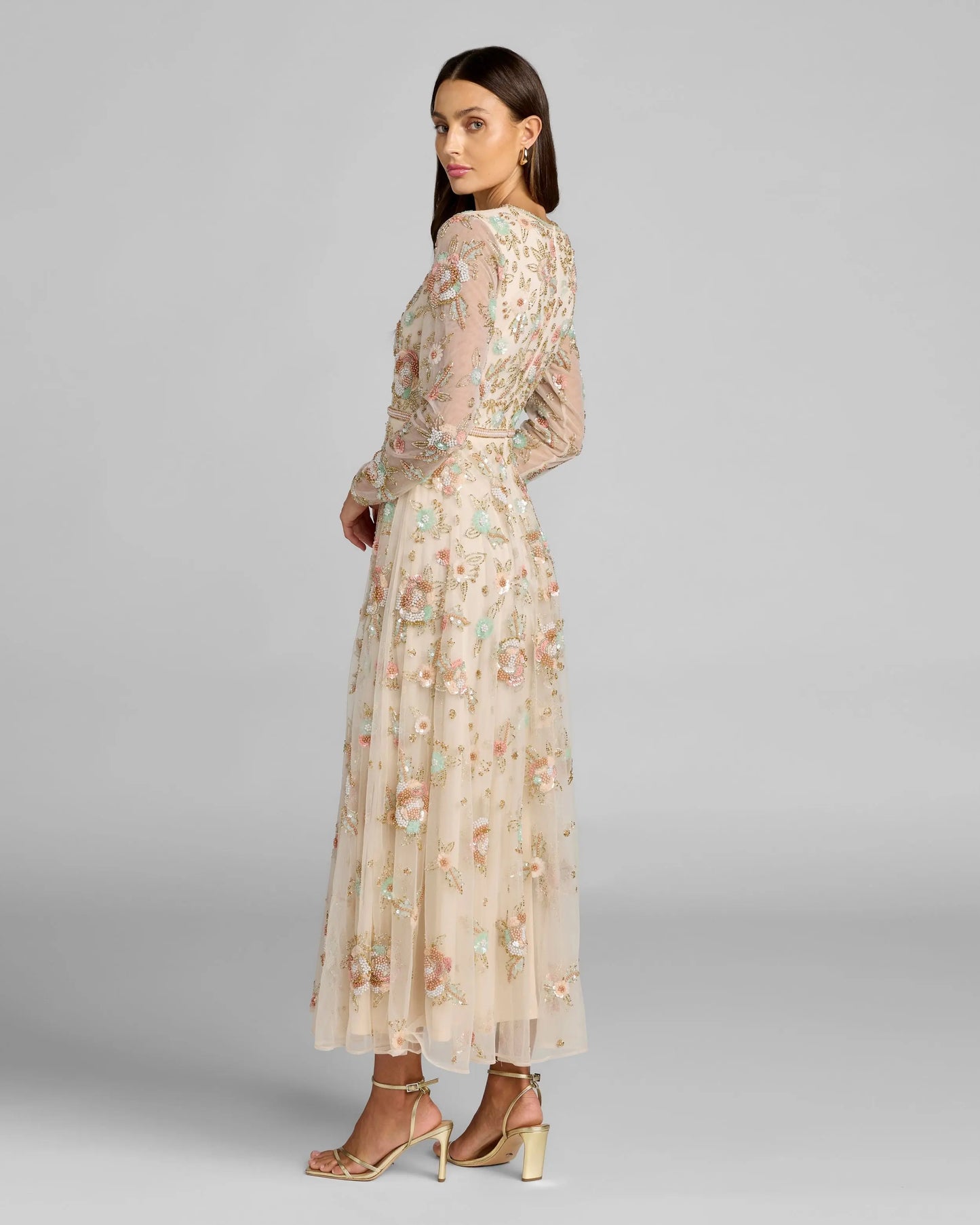 Beige Floral Embellished Long Sleeve Midi Dress Mac Duggal
