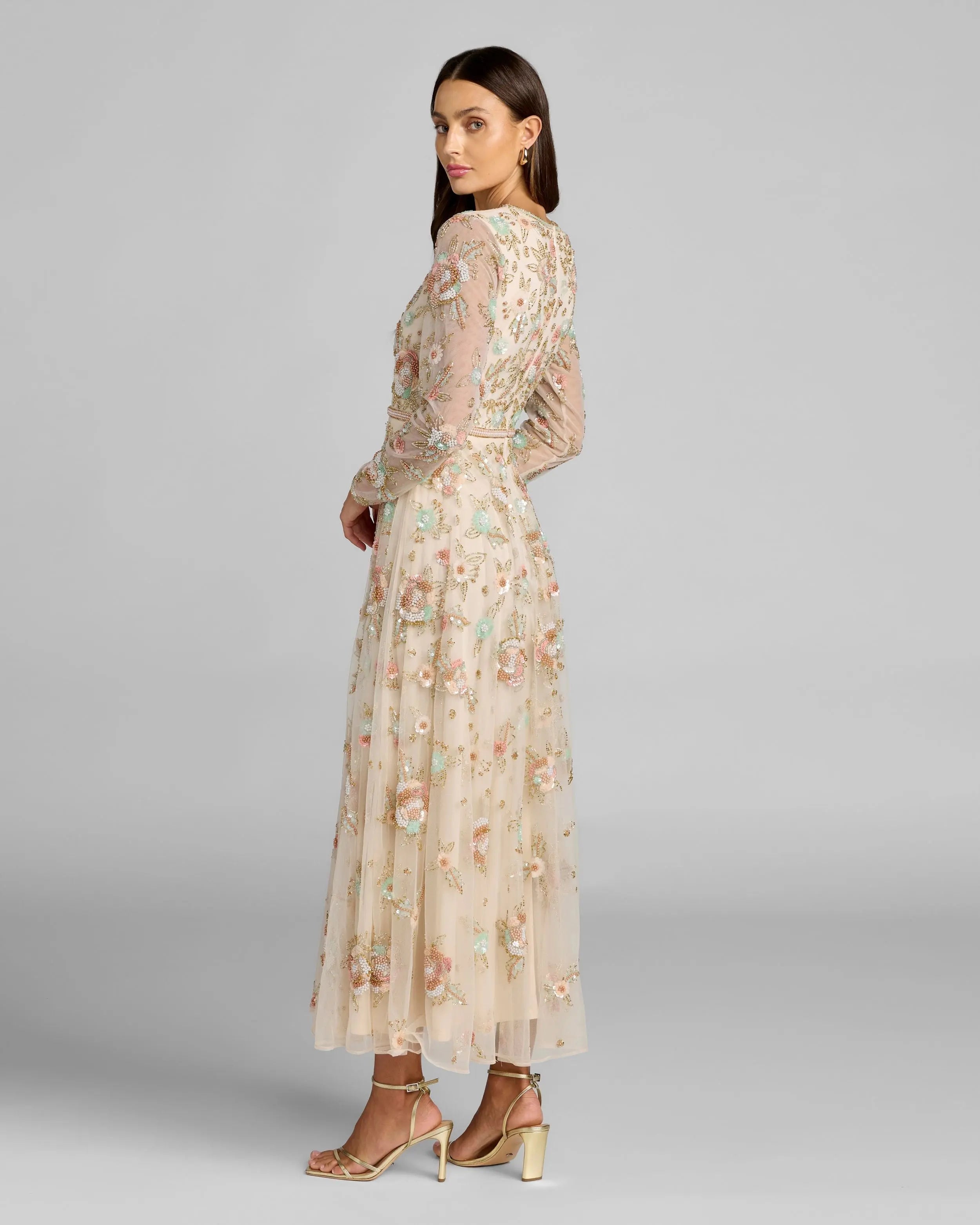 Beige Floral Embellished Long Sleeve Midi Dress Mac Duggal