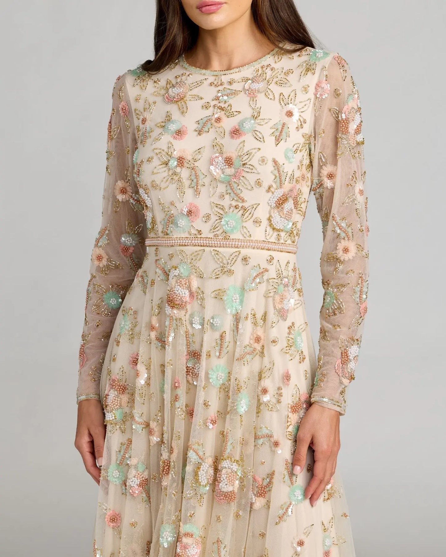 Beige Floral Embellished Long Sleeve Midi Dress | Mac Duggal Beige Floral Embellished Long Sleeve Midi Dress | Mac Duggal