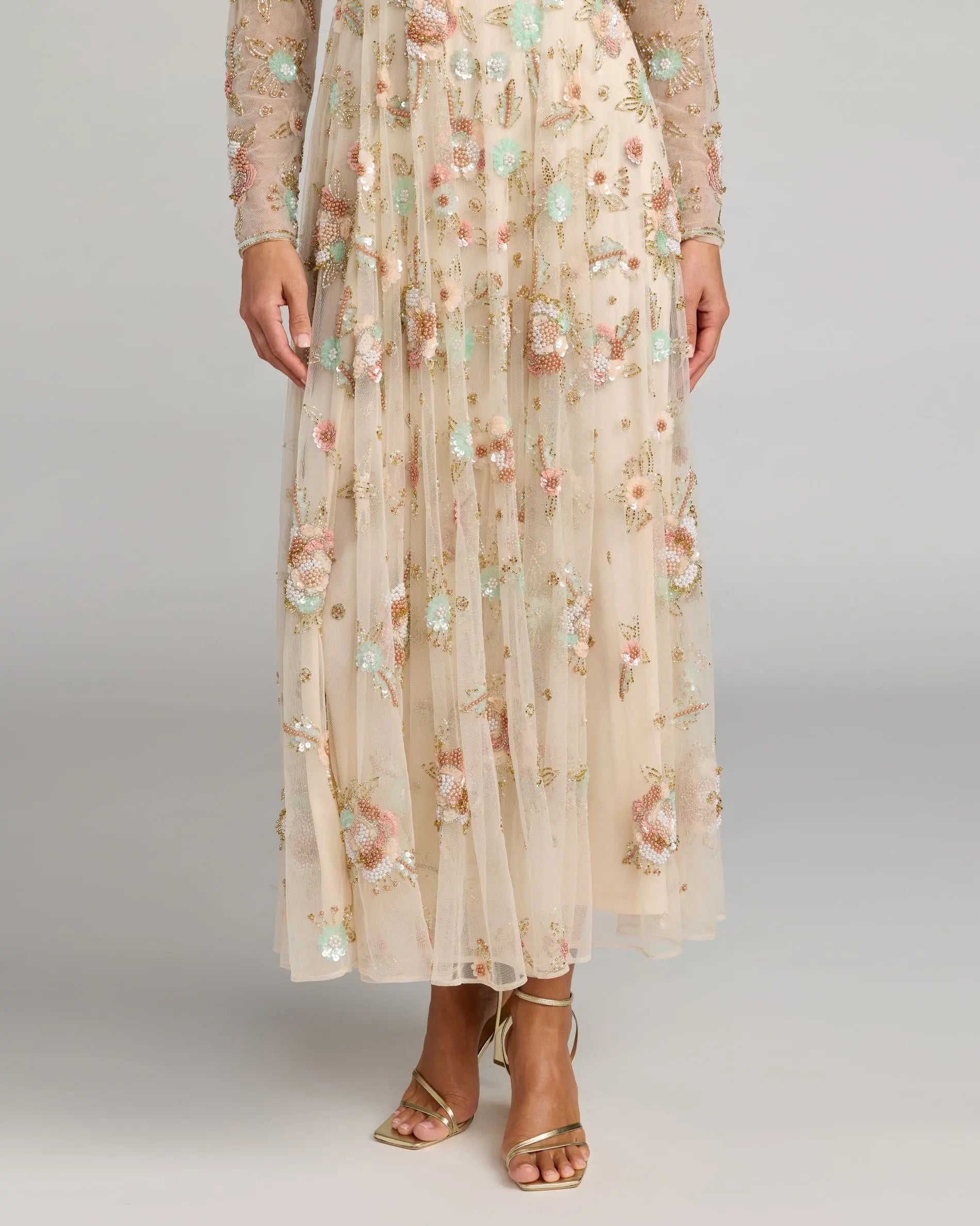 Beige Floral Embellished Long Sleeve Midi Dress Mac Duggal