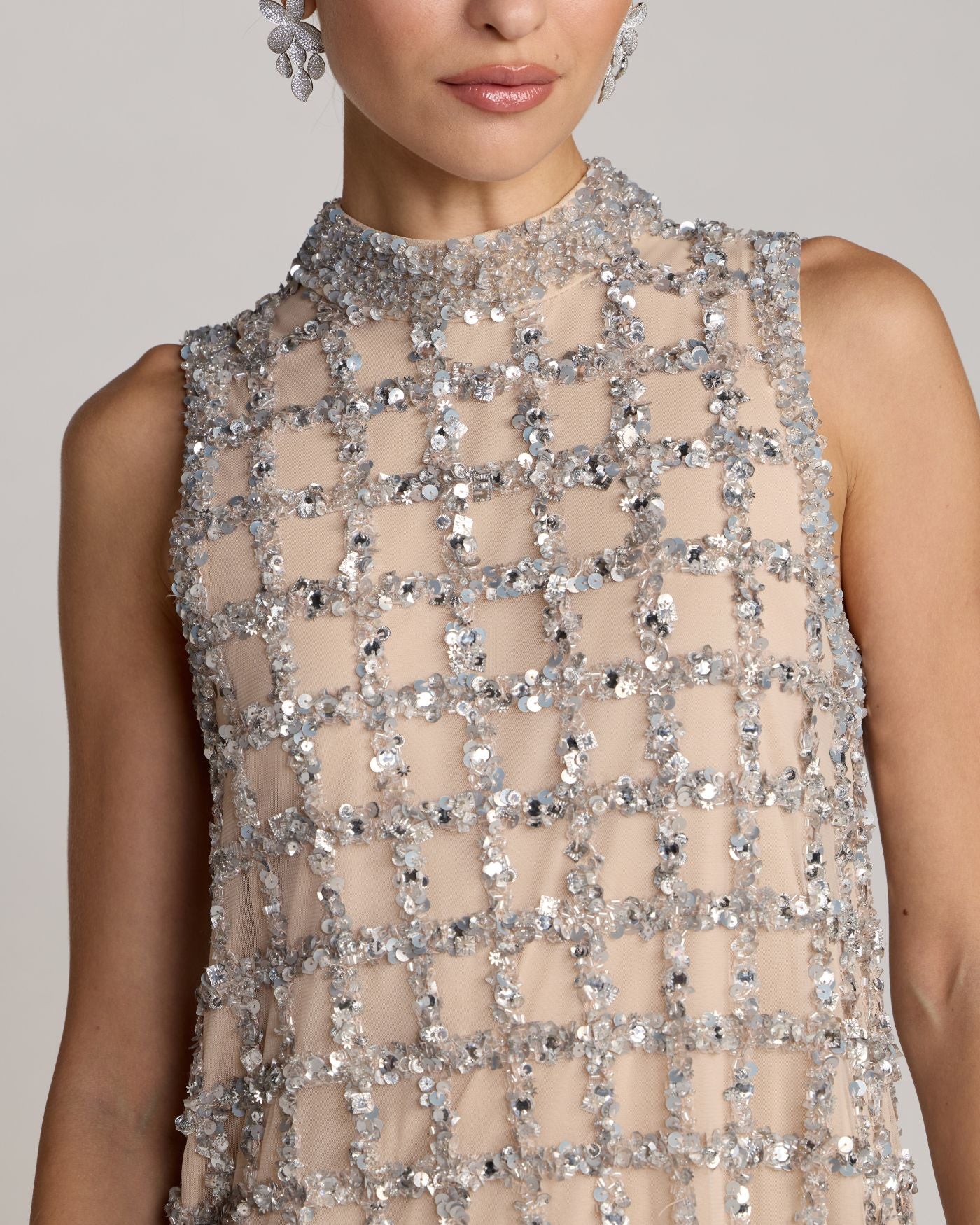 Silver Nude Crystal Embellished Shift Dress - Mac Duggal