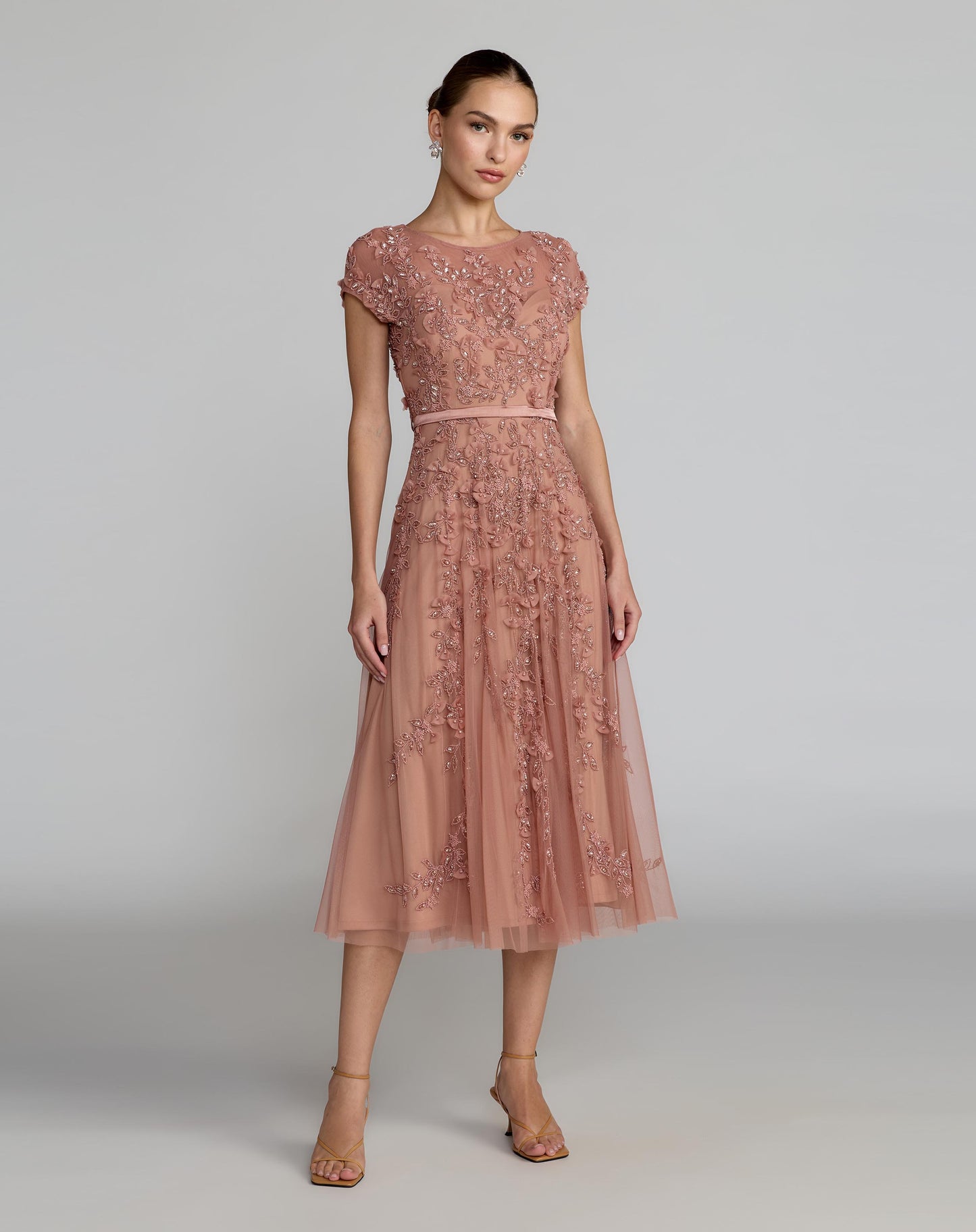 Pink Floral Embellished Cap Sleeve Midi Dress Mac Duggal