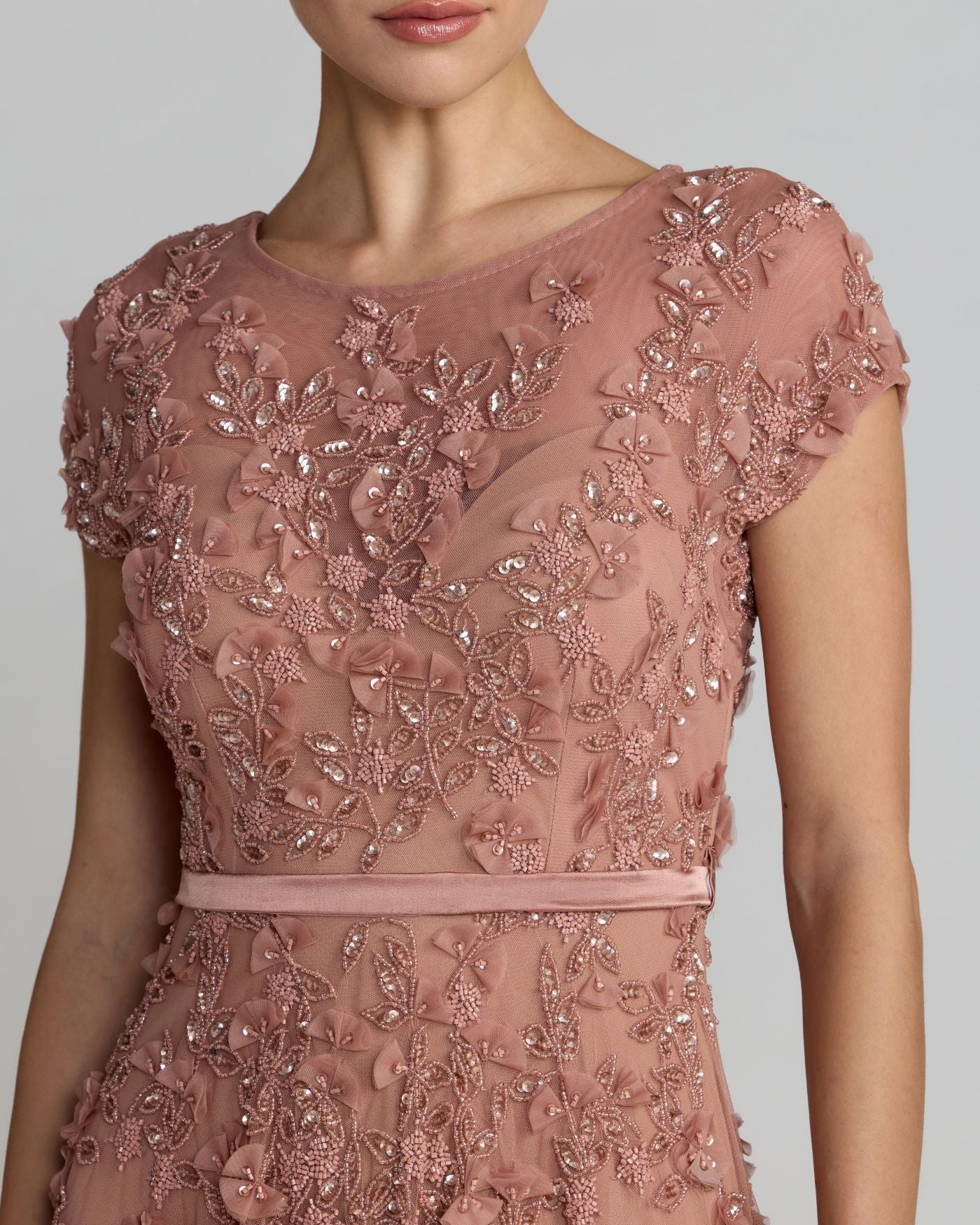 Pink Floral Embellished Cap Sleeve Midi Dress Mac Duggal