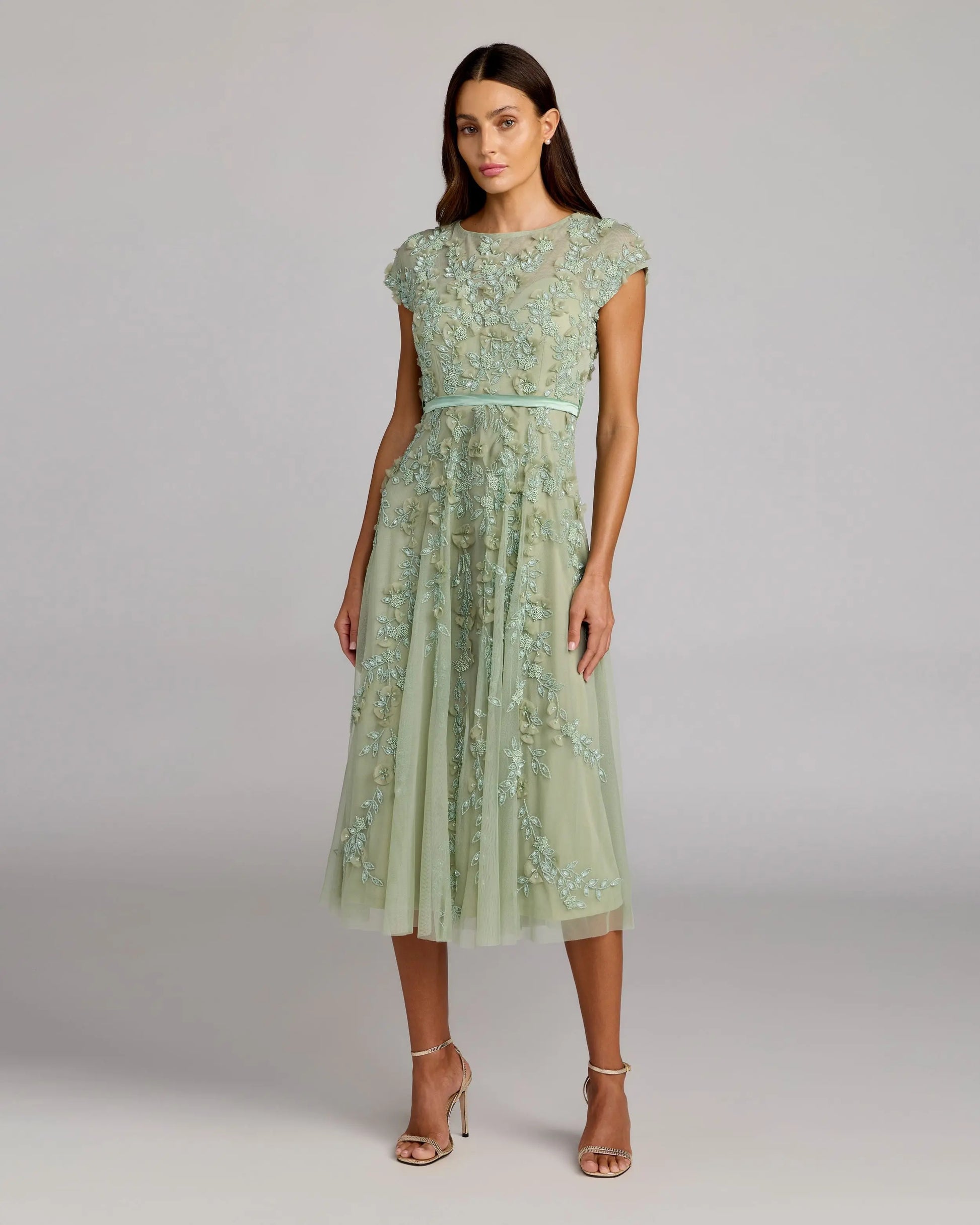 Green Floral Embellished Cap Sleeve Midi Dress | Mac Duggal Green Floral Embellished Cap Sleeve Midi Dress | Mac Duggal