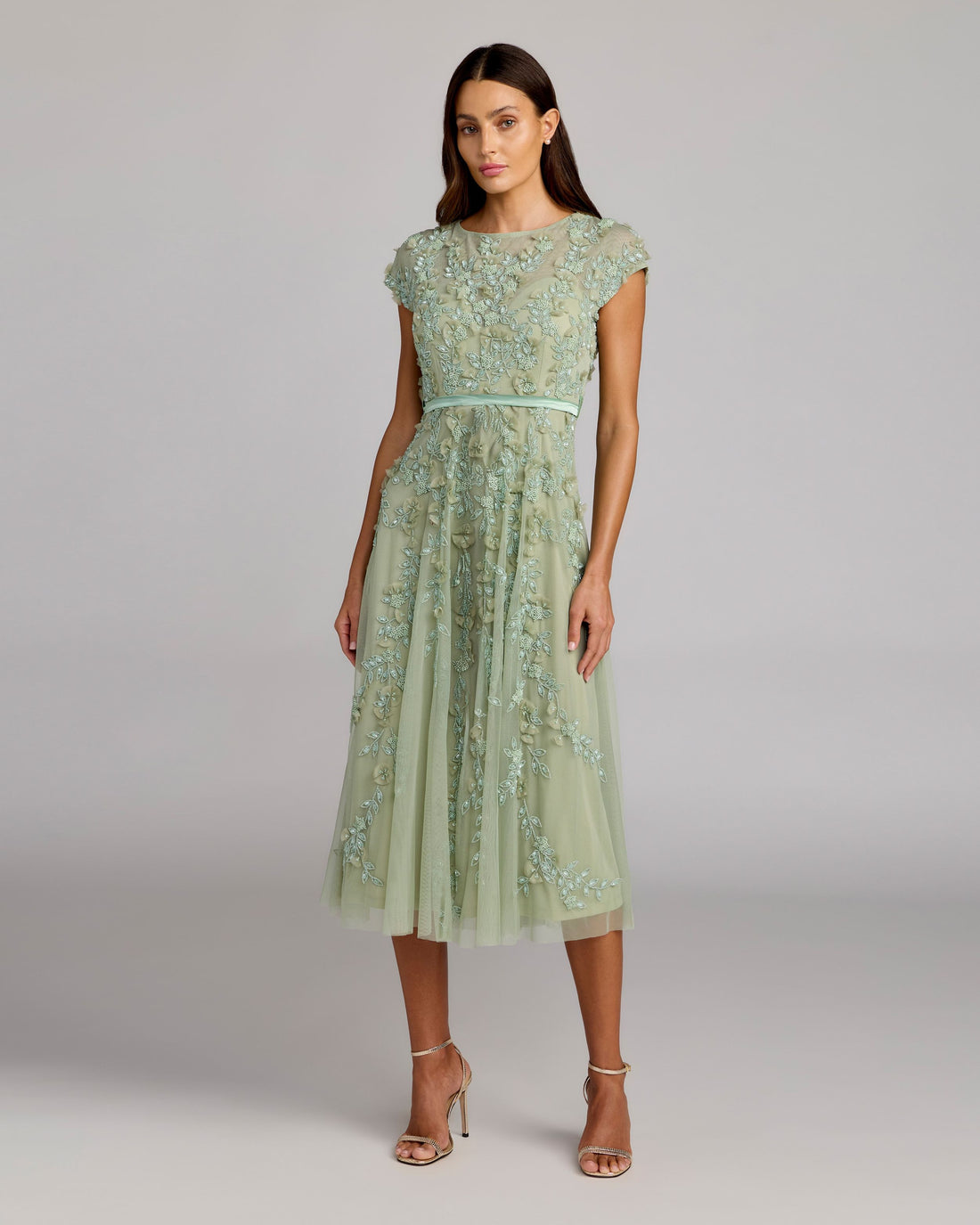 Green Floral Embellished Cap Sleeve Midi Dress Mac Duggal