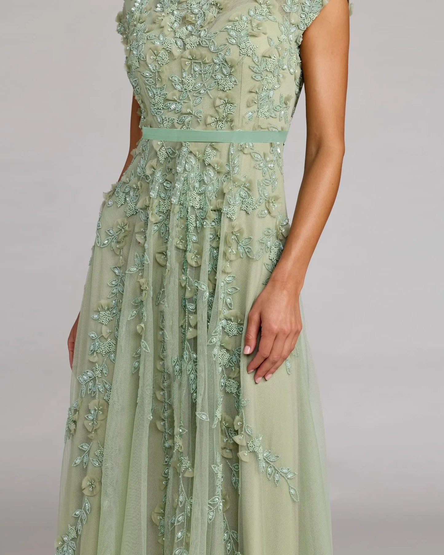 Green Floral Embellished Cap Sleeve Midi Dress | Mac Duggal Green Floral Embellished Cap Sleeve Midi Dress | Mac Duggal