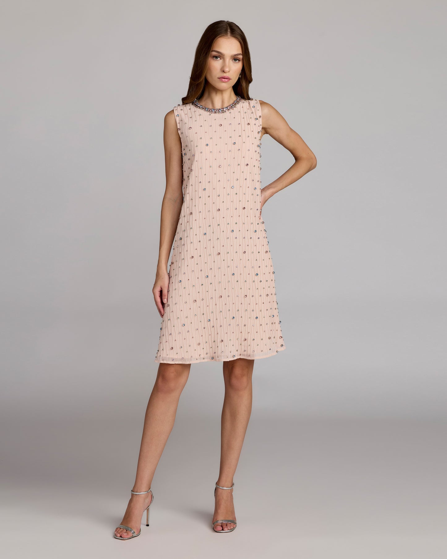 Light Pink Embellished Sleeveless Shift Mini Dress Mac Duggal