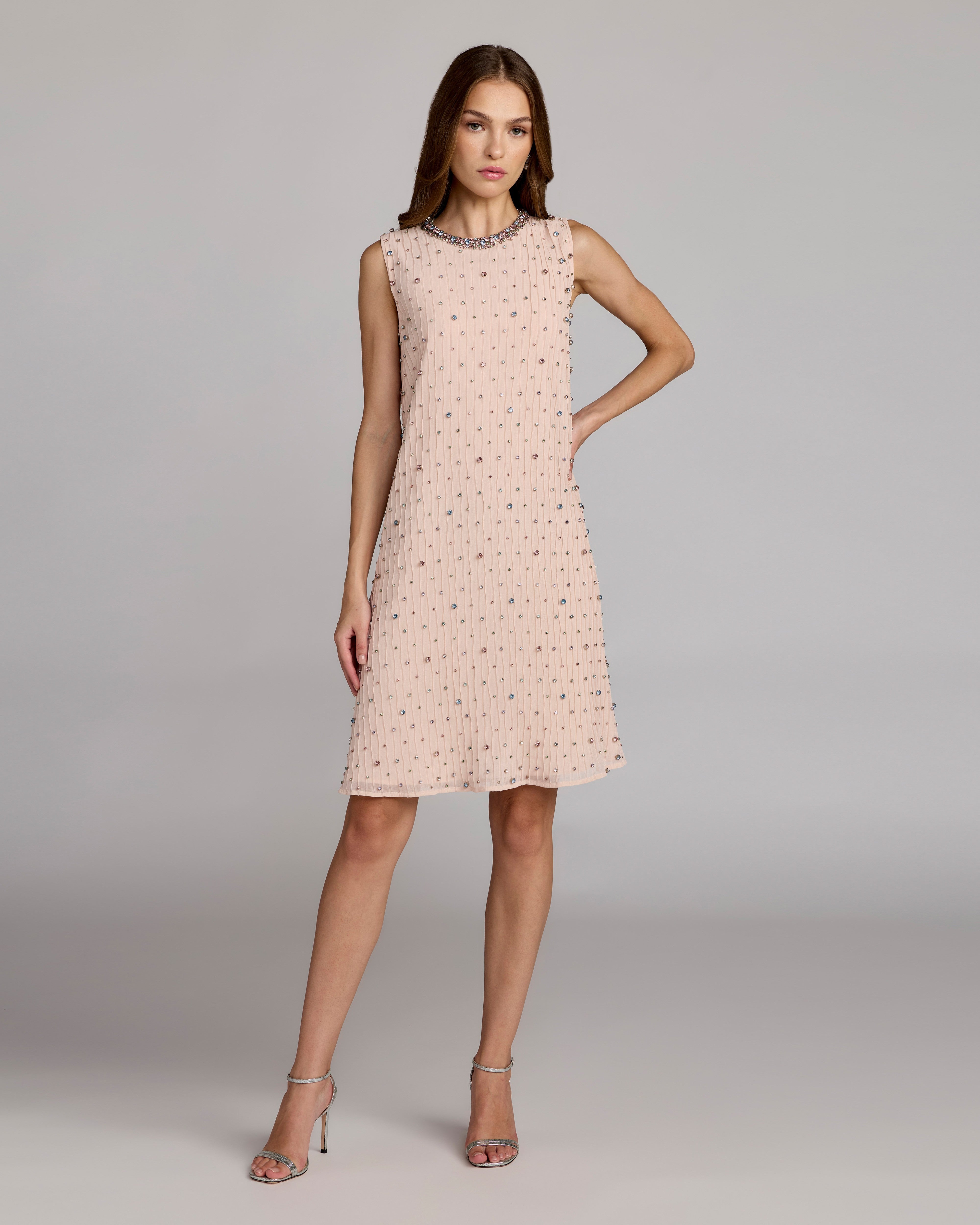 Light Pink Embellished Sleeveless Shift Mini Dress Mac Duggal