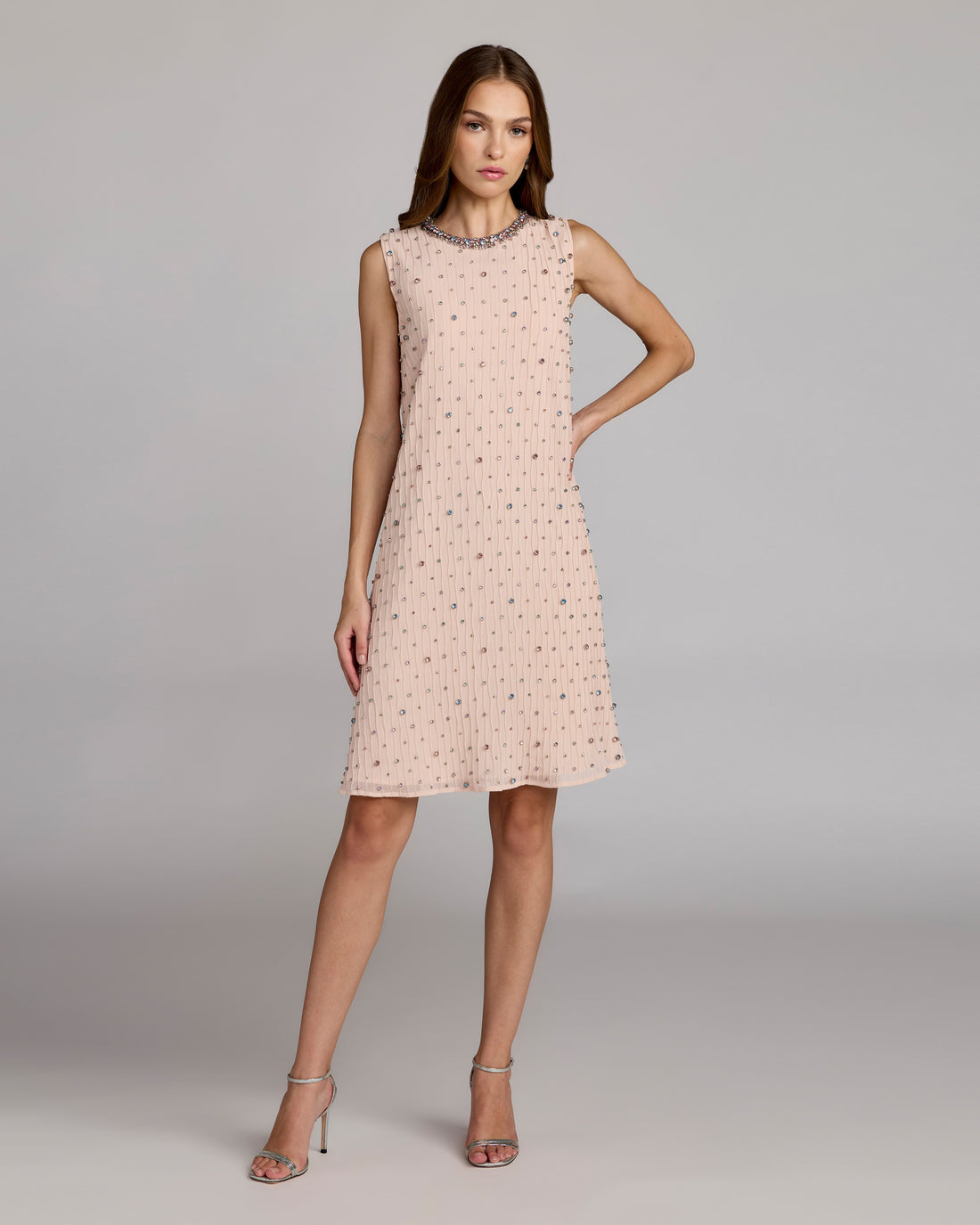 Light Pink Embellished Sleeveless Shift Mini Dress Mac Duggal