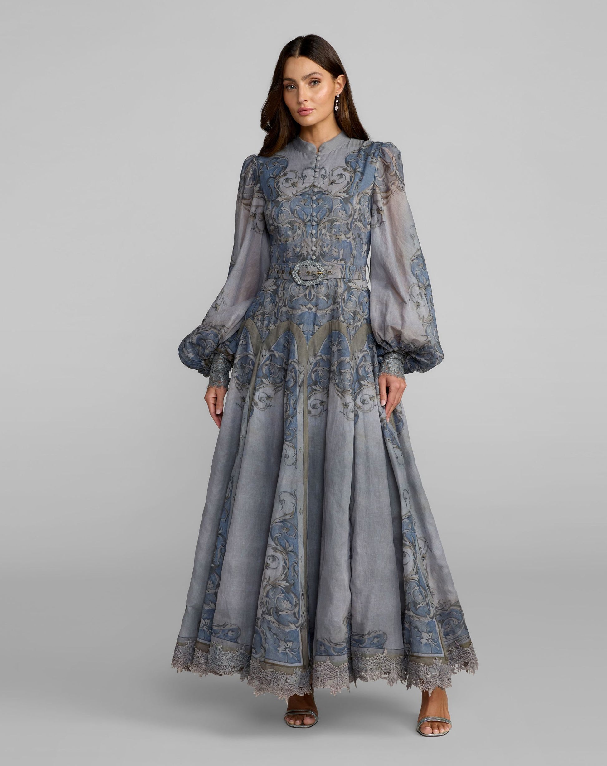 Blue Bishop Sleeve Printed Cotton A-Line Dress - Mac Duggal