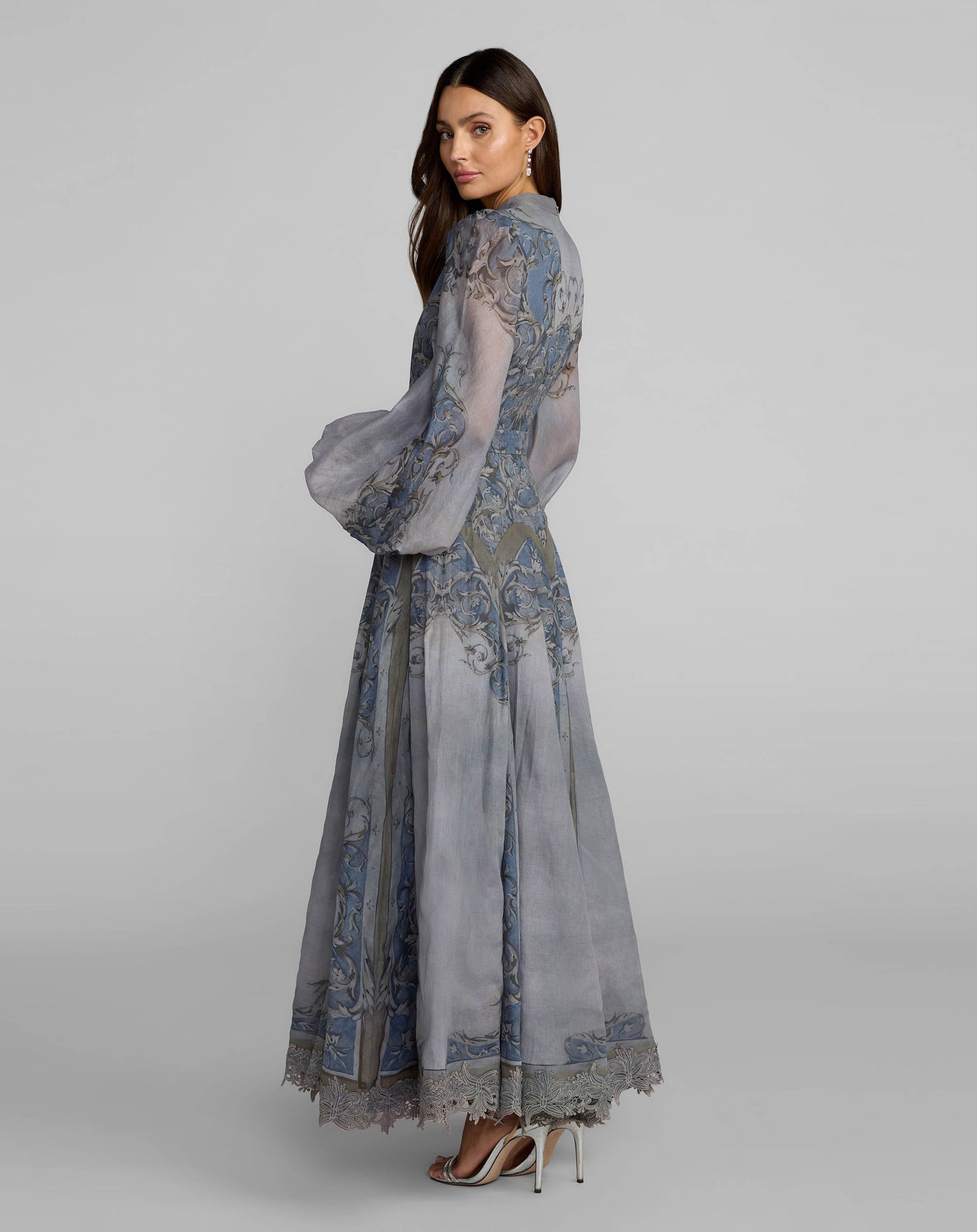 Blue Bishop Sleeve Printed Cotton A-Line Dress - Mac Duggal