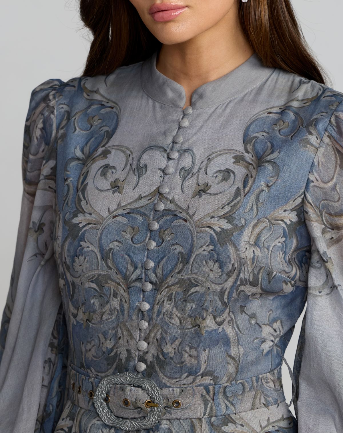 Blue Bishop Sleeve Printed Cotton A-Line Dress - Mac Duggal