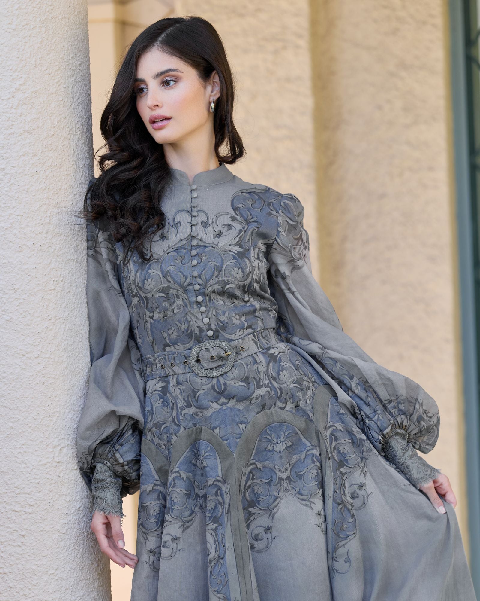 Slate Blue Bishop Sleeve Printed Cotton A-Line Dress