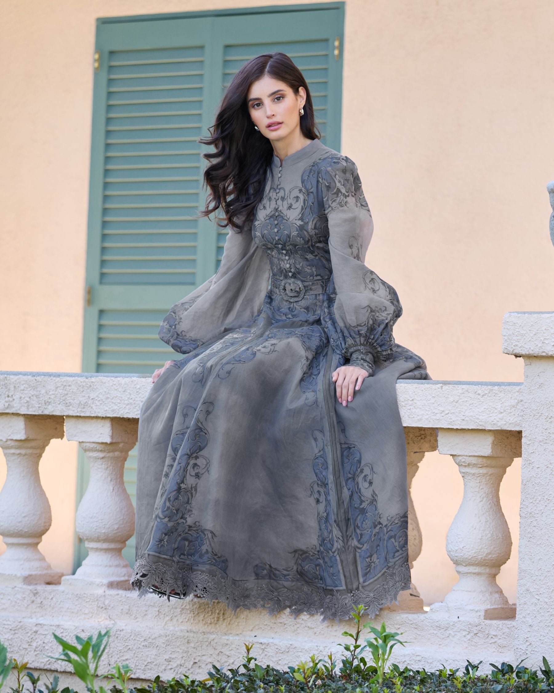 Blue Bishop Sleeve Printed Cotton A-Line Dress - Mac Duggal
