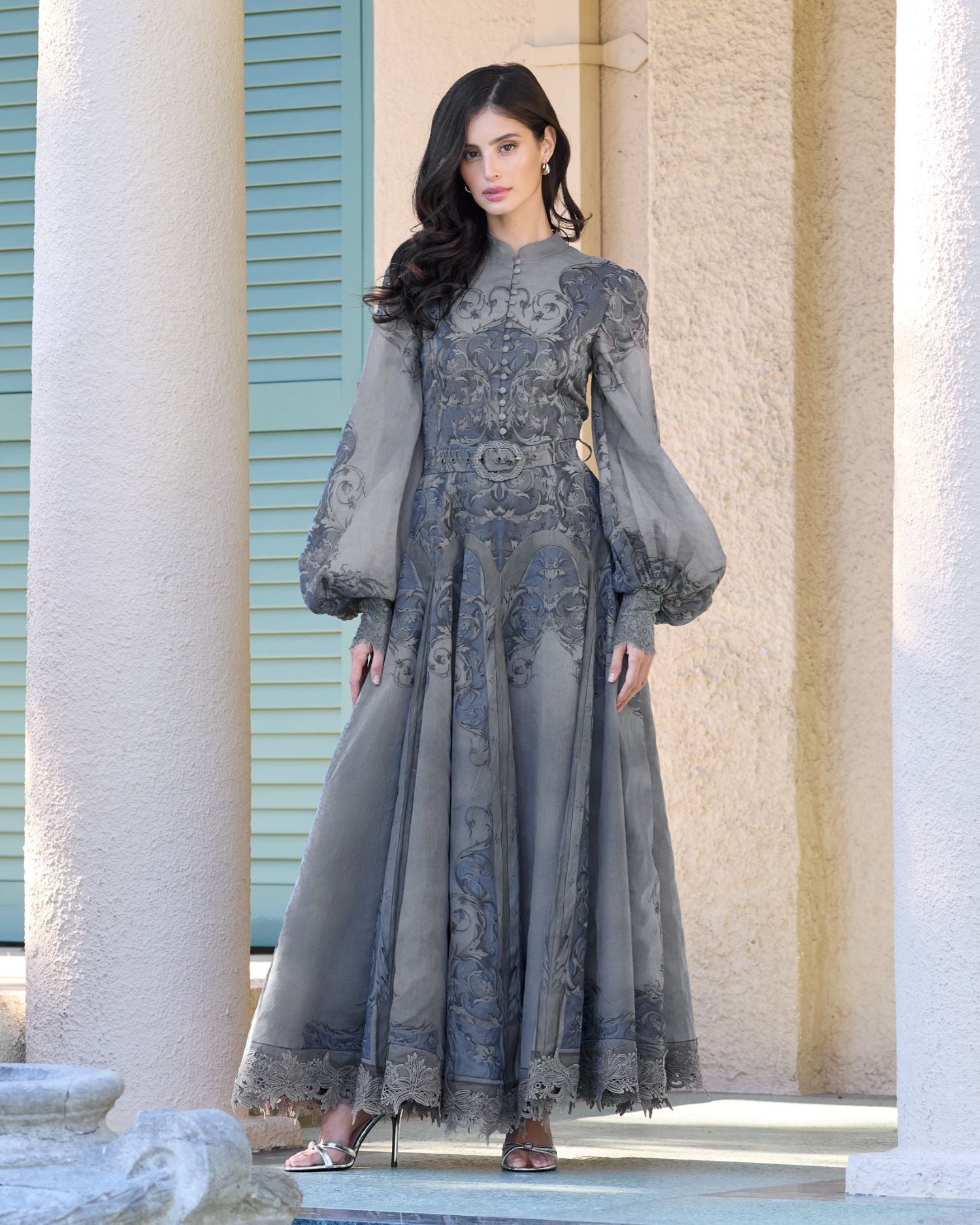 Gray Bishop Sleeve Printed Cotton A-Line Dress