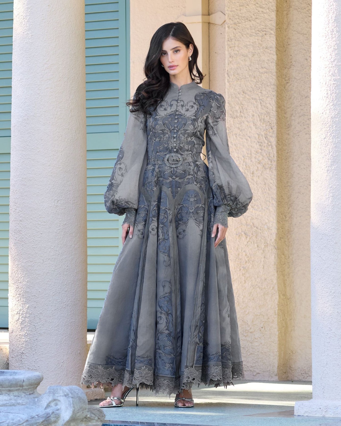 Blue Bishop Sleeve Printed Cotton A-Line Dress - Mac Duggal