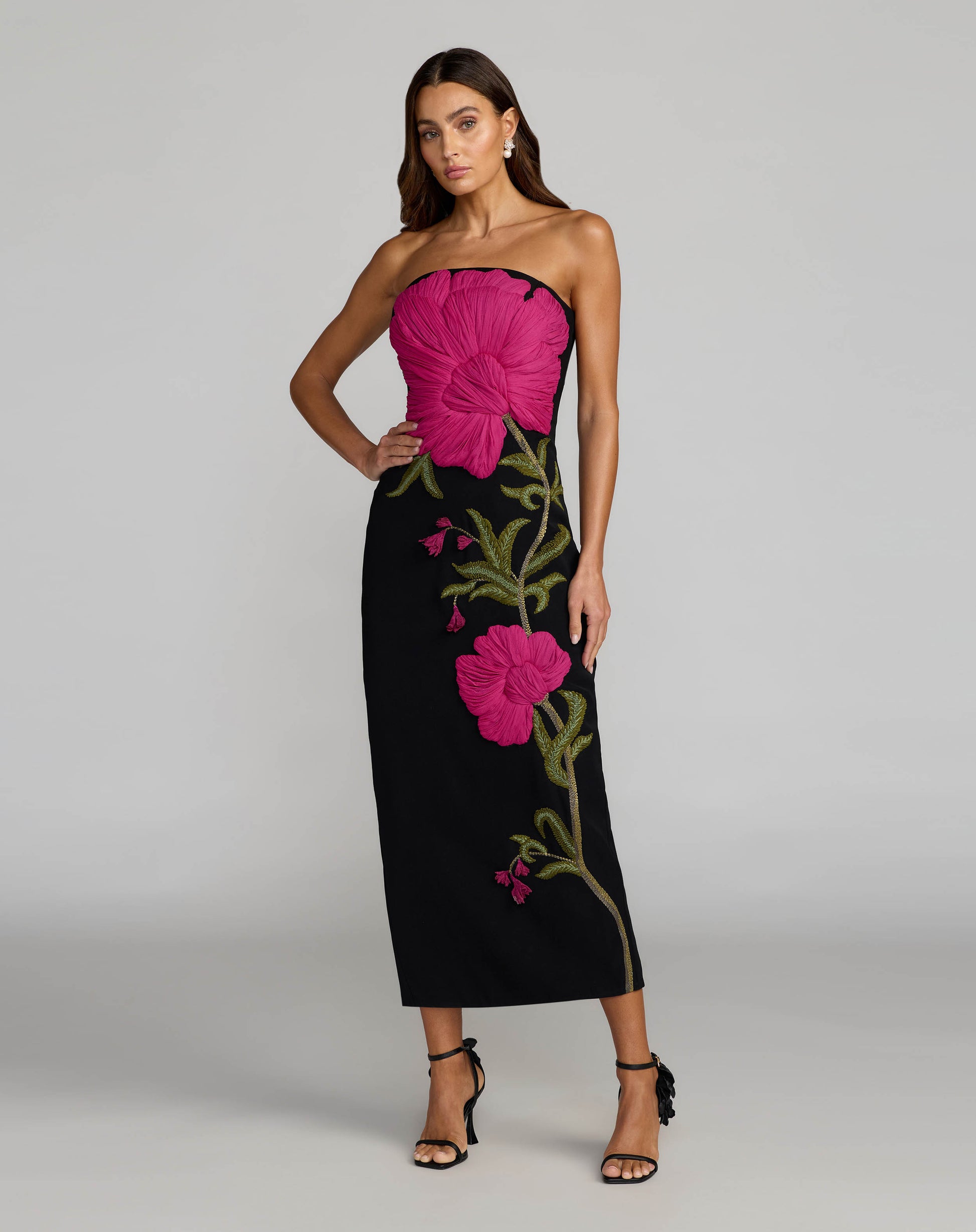 Black Strapless Floral Embroidered Midi Dress- Ieena for Mac Duggal