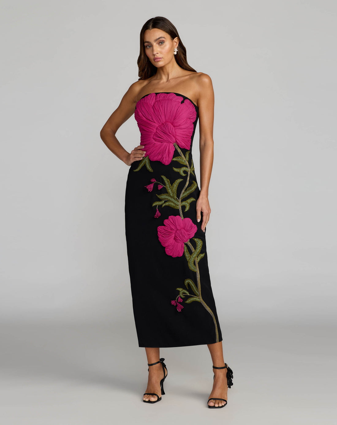 Black Strapless Floral Embroidered Midi Dress | Mac Duggal Black Strapless Floral Embroidered Midi Dress | Mac Duggal