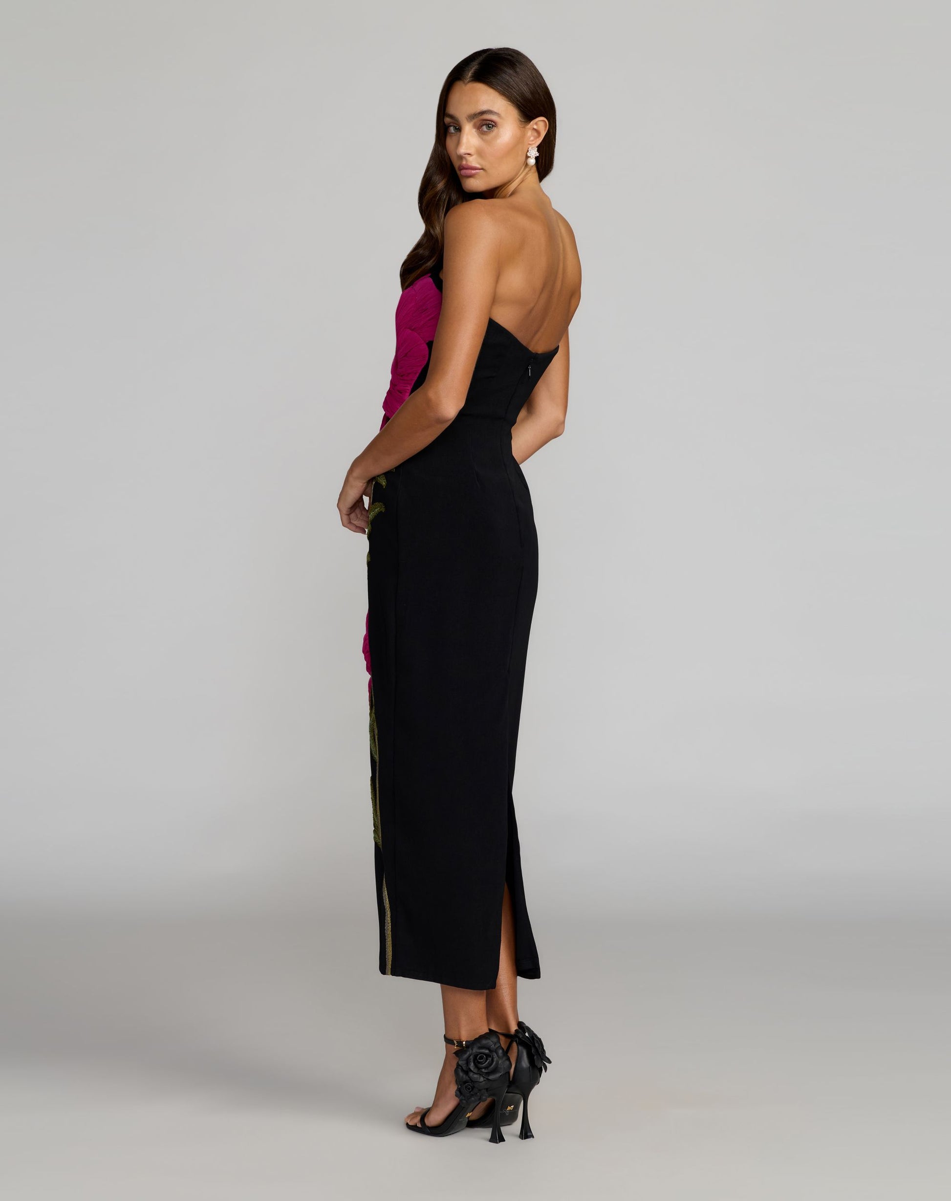Black Strapless Floral Embroidered Midi Dress- Ieena for Mac Duggal