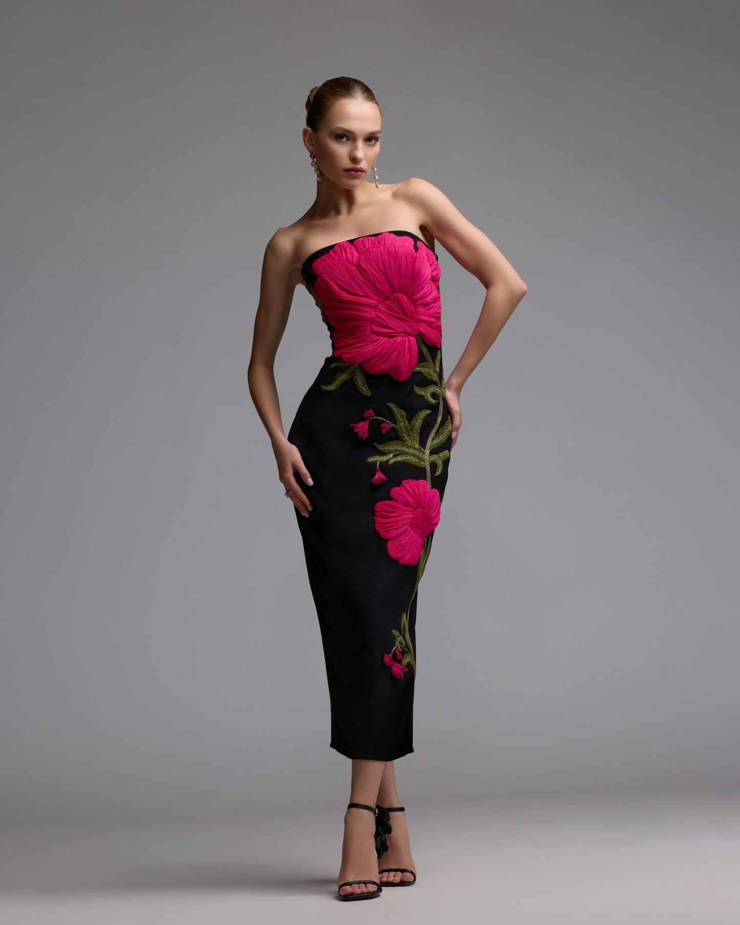 Black Strapless Floral Embroidered Midi Dress- Ieena for Mac Duggal