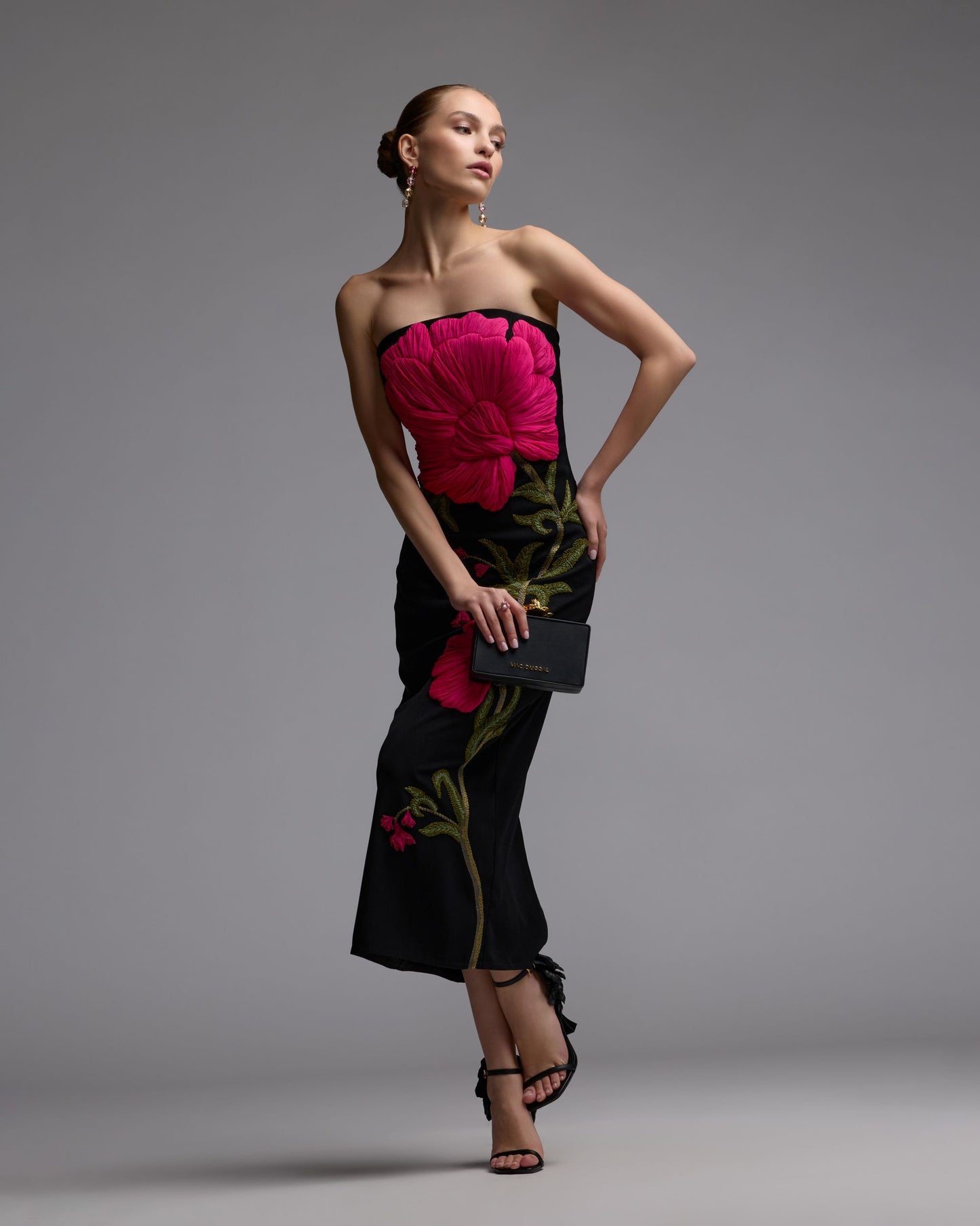 Black Strapless Floral Embroidered Midi Dress- Ieena for Mac Duggal