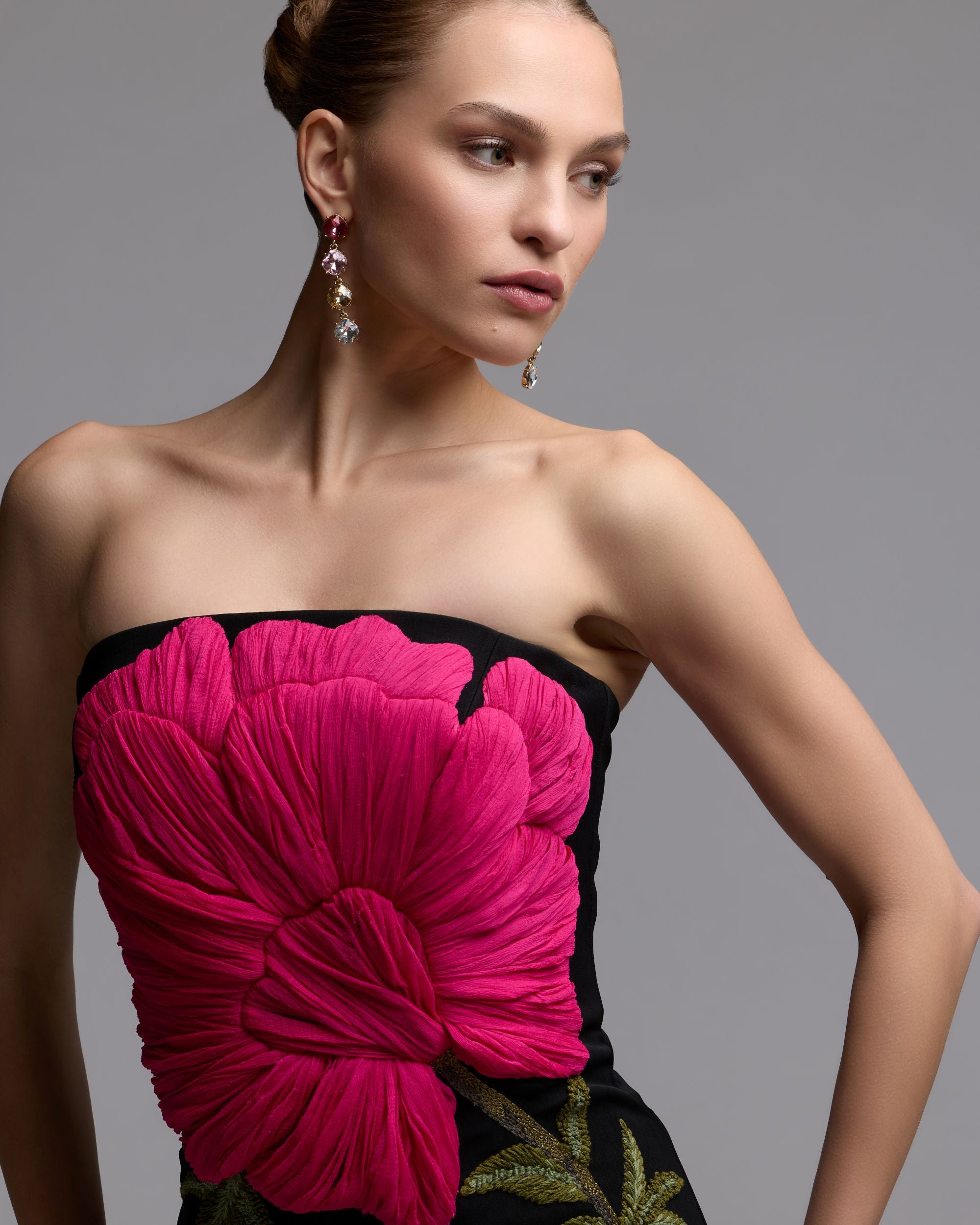 Black Strapless Floral Embroidered Midi Dress- Ieena for Mac Duggal
