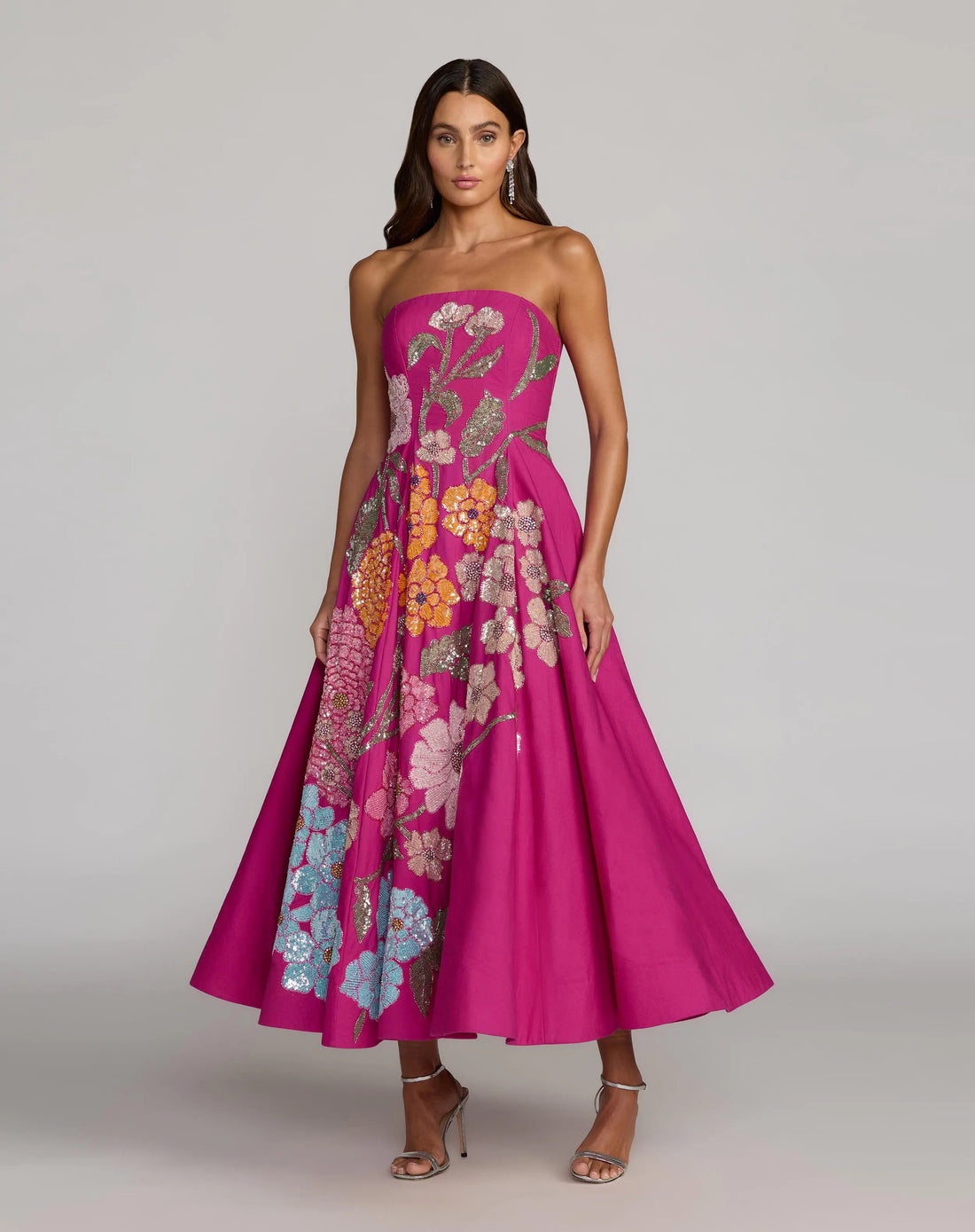 Hot Pink Strapless Floral Embellished Midi Dress | Mac Duggal Hot Pink Strapless Floral Embellished Midi Dress | Mac Duggal