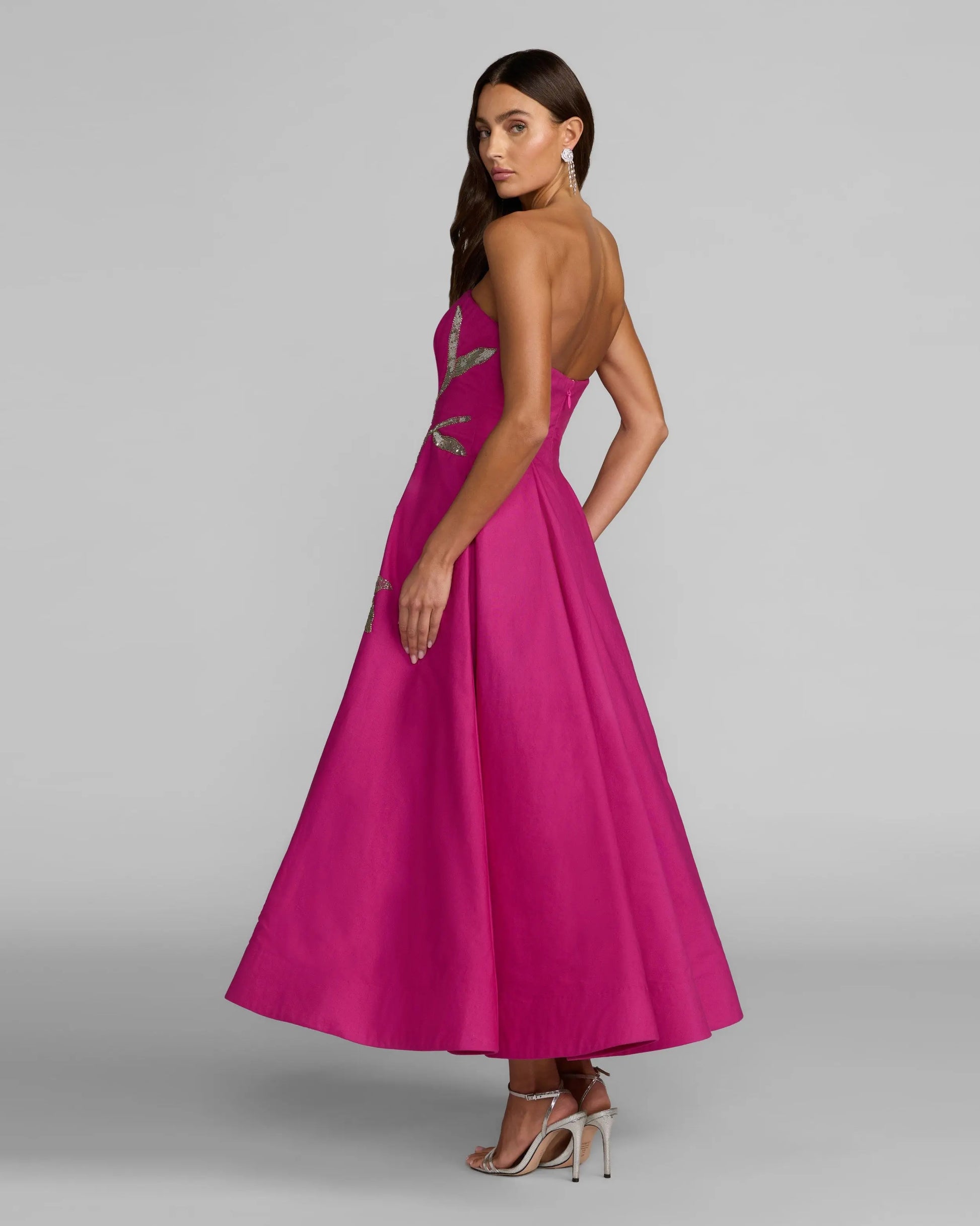 Hot Pink Strapless Floral Embellished Midi Dress | Mac Duggal Hot Pink Strapless Floral Embellished Midi Dress | Mac Duggal