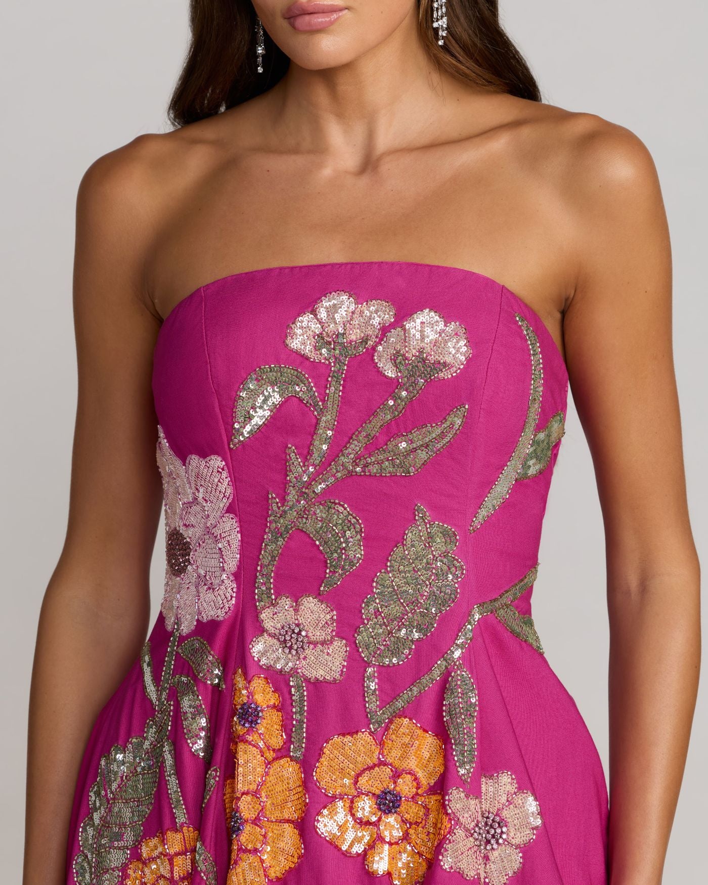Hot Pink Strapless Floral Embellished Midi Dress | Mac Duggal Hot Pink Strapless Floral Embellished Midi Dress | Mac Duggal