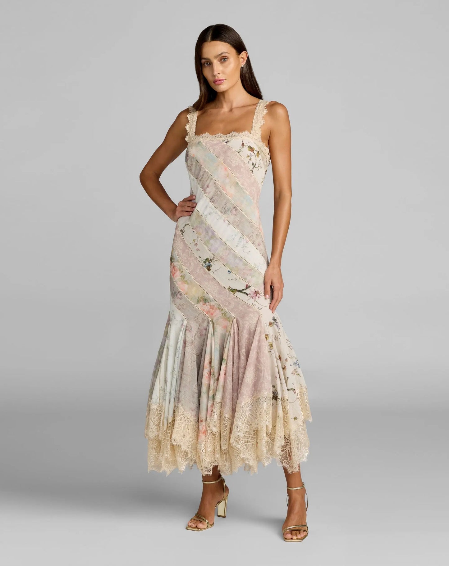 Multicolor Floral Chiffon Midi Dress With Lace Trim - Mac Duggal