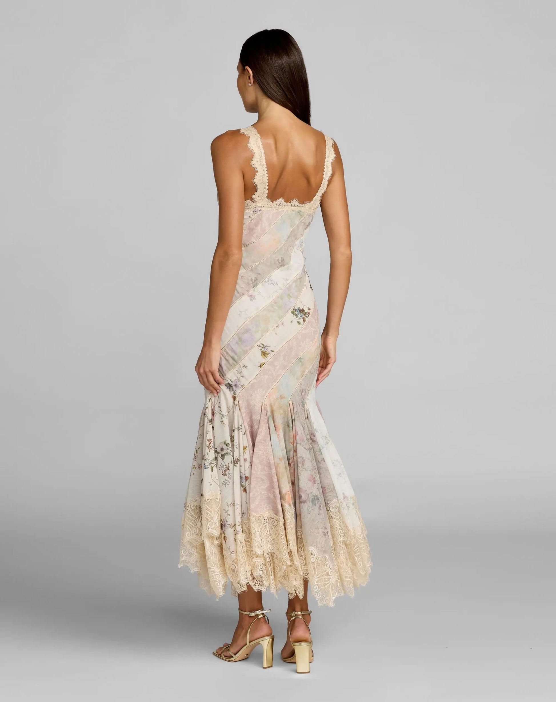 Multicolor Floral Chiffon Midi Dress With Lace Trim - Mac Duggal