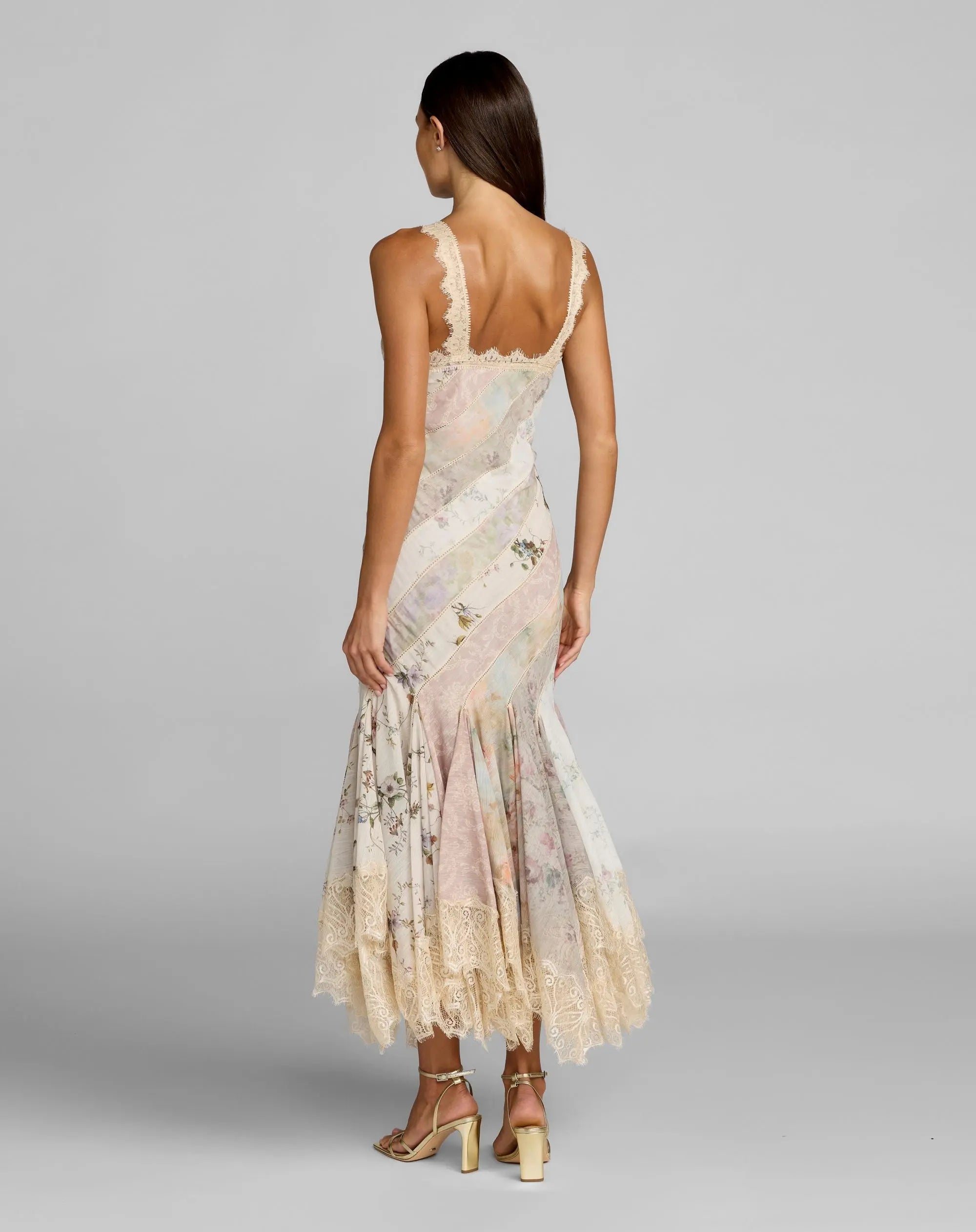 Multicolor Floral Chiffon Midi Dress With Lace Trim - Mac Duggal