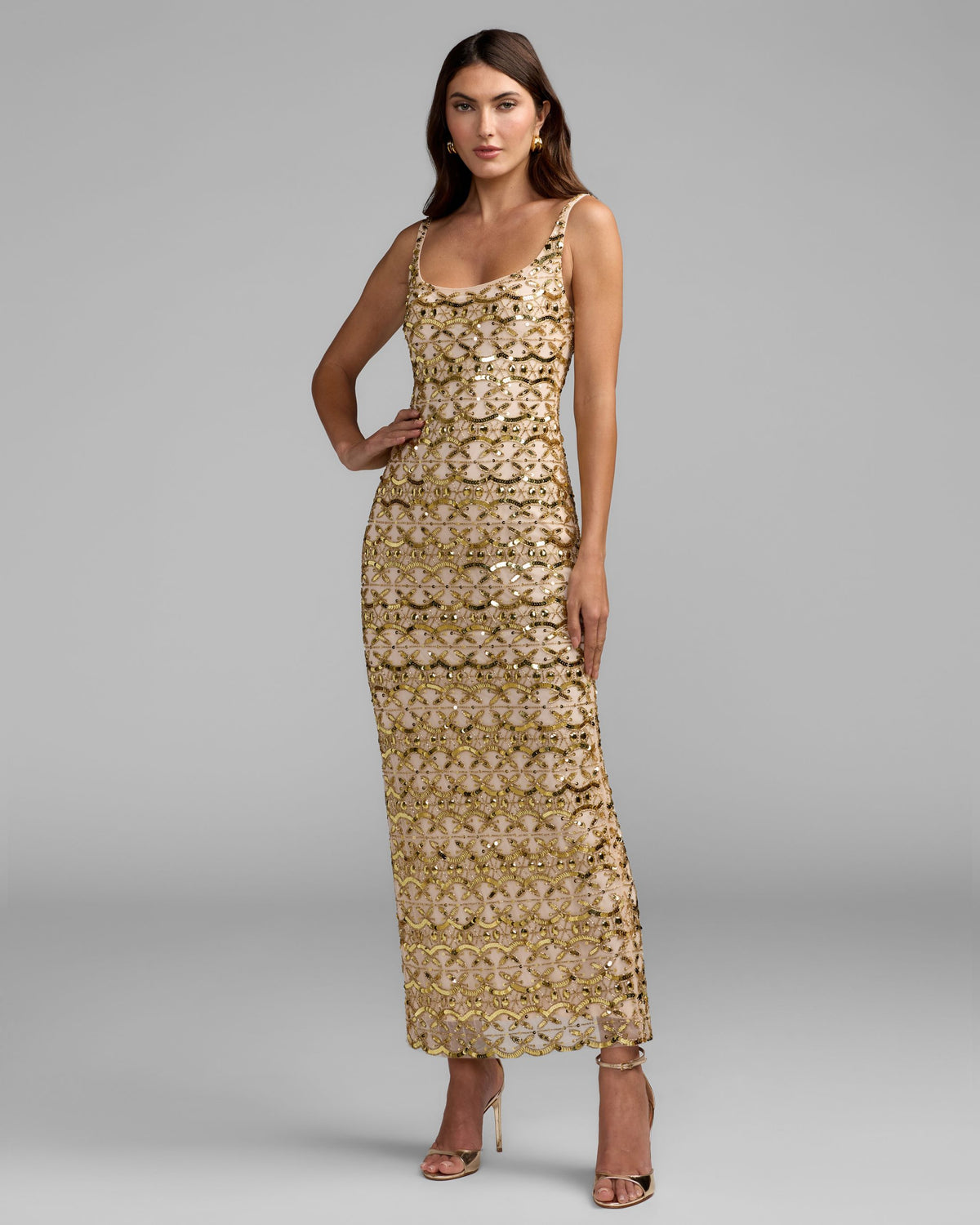Nude Gold Embellished Scoop Neck Column Gown - Mac Duggal